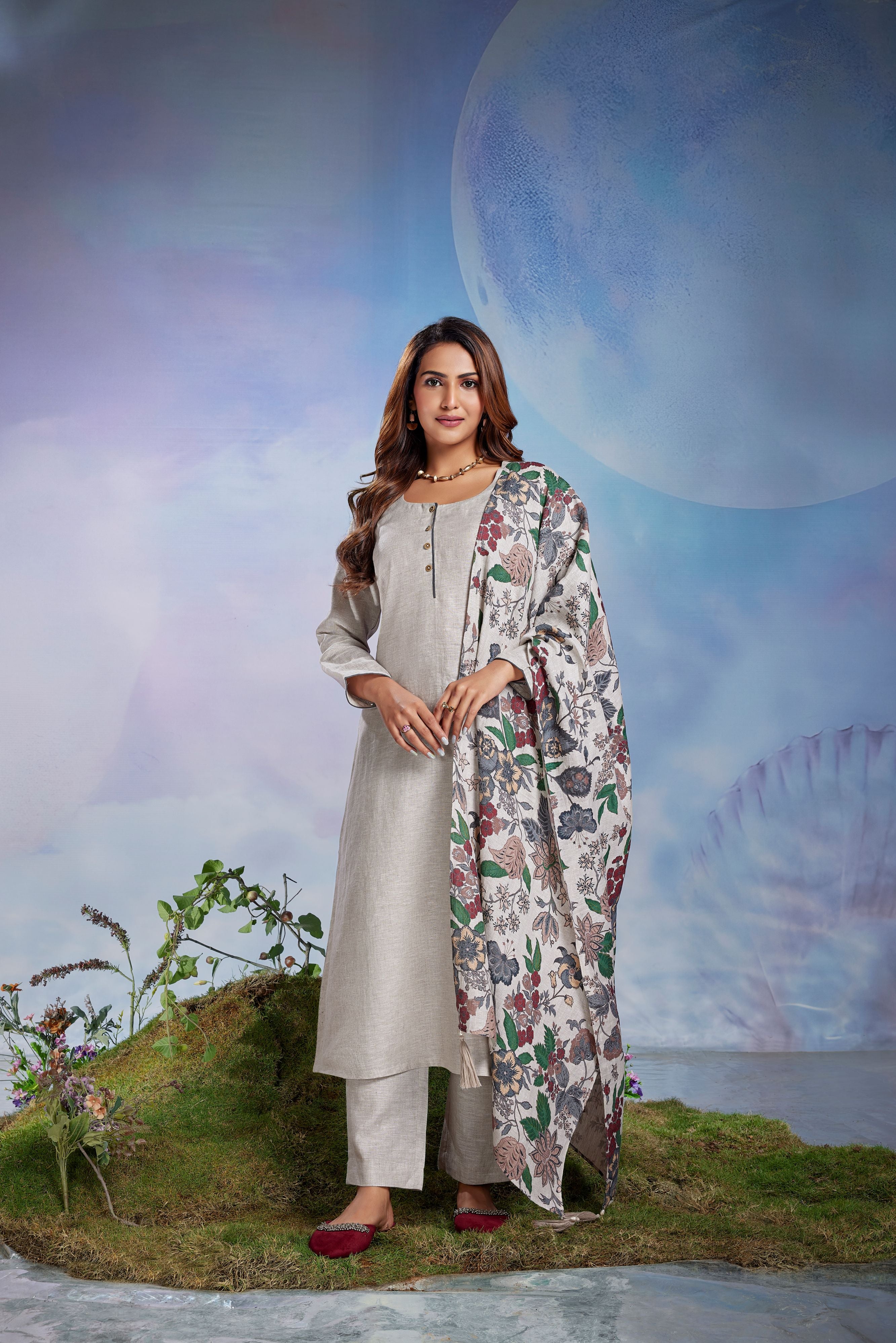 Silver Mist Printed Linen Pant Set