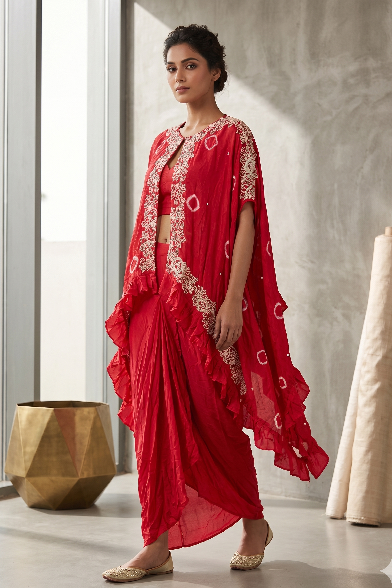 Scarlet Red Embellished Satin Silk Cape Set