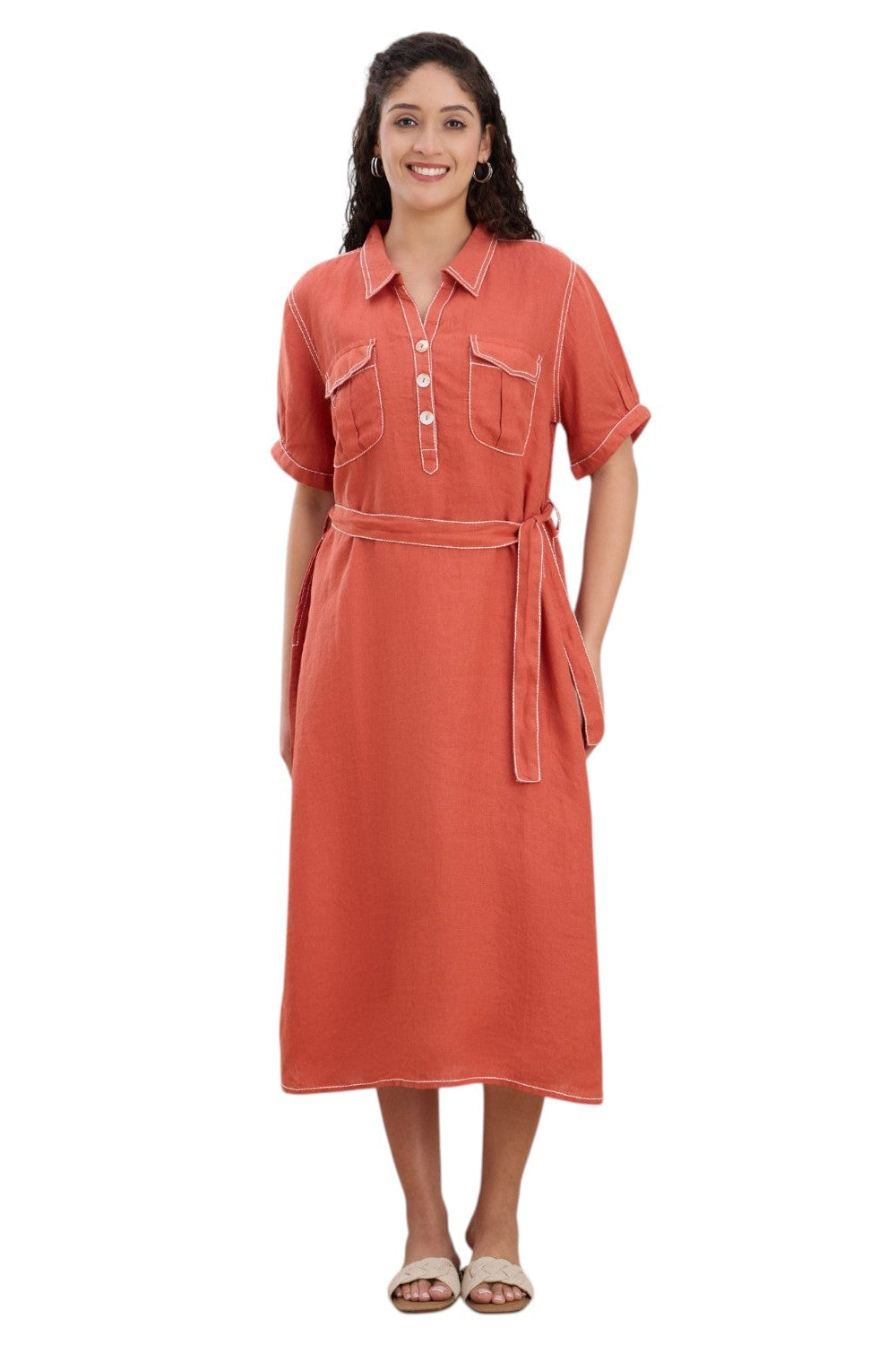 Rust Orange Embroidered Linen Midi Dress