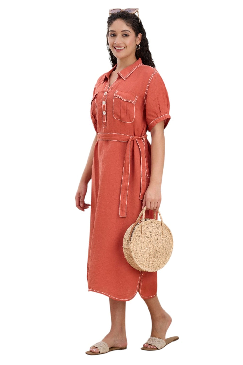 Rust Orange Embroidered Linen Midi Dress