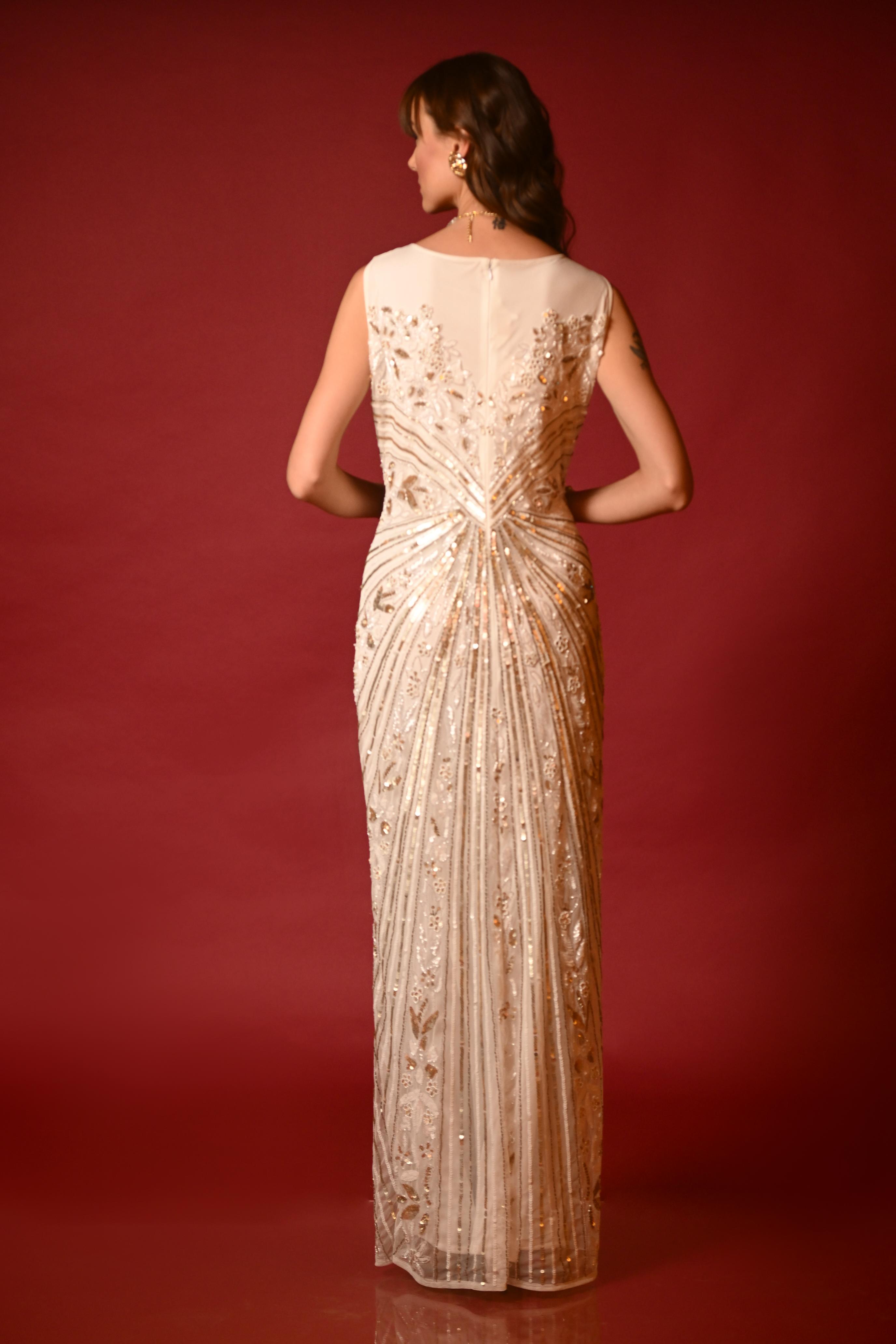 Champagne Sequined Net Gown