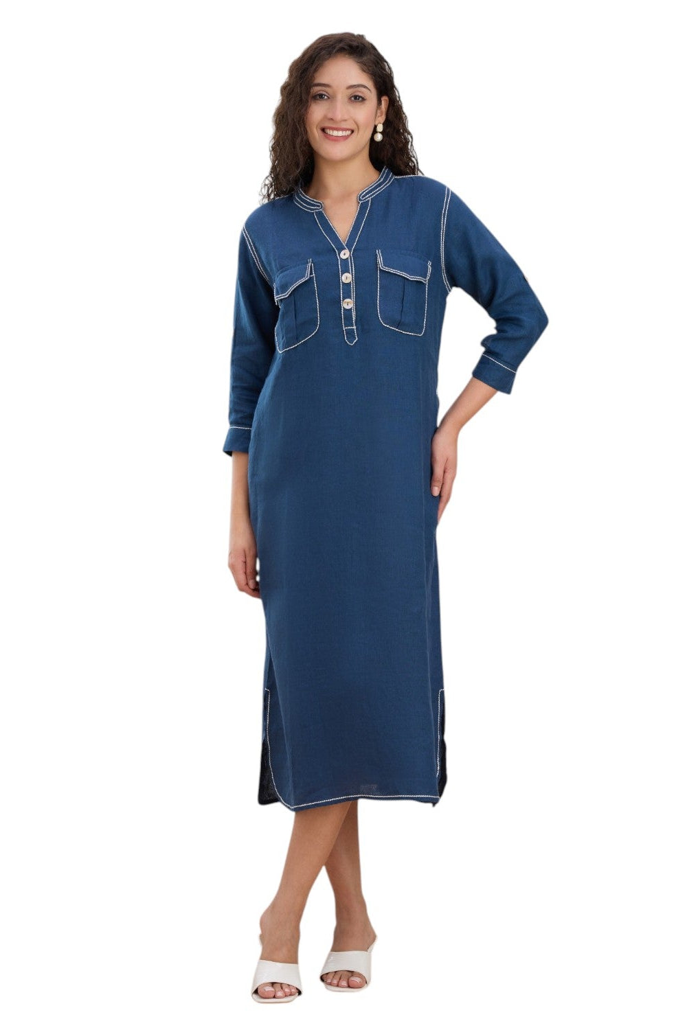 Indigo Blue Embroidered Linen Midi Dress