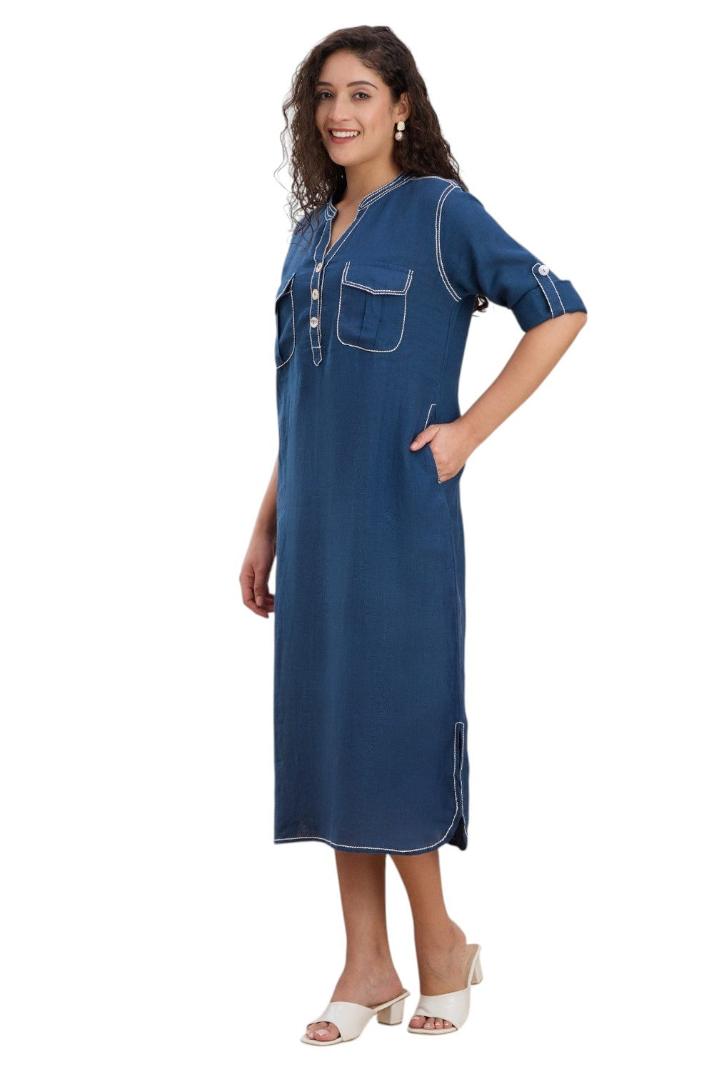 Indigo Blue Embroidered Linen Midi Dress