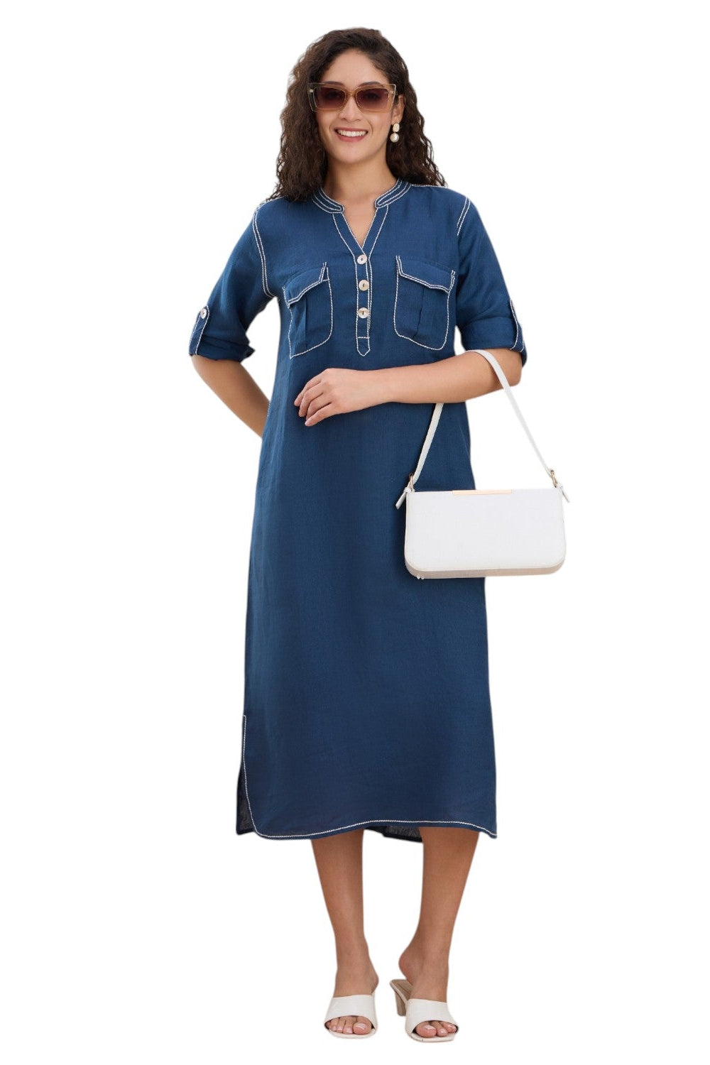 Indigo Blue Embroidered Linen Midi Dress