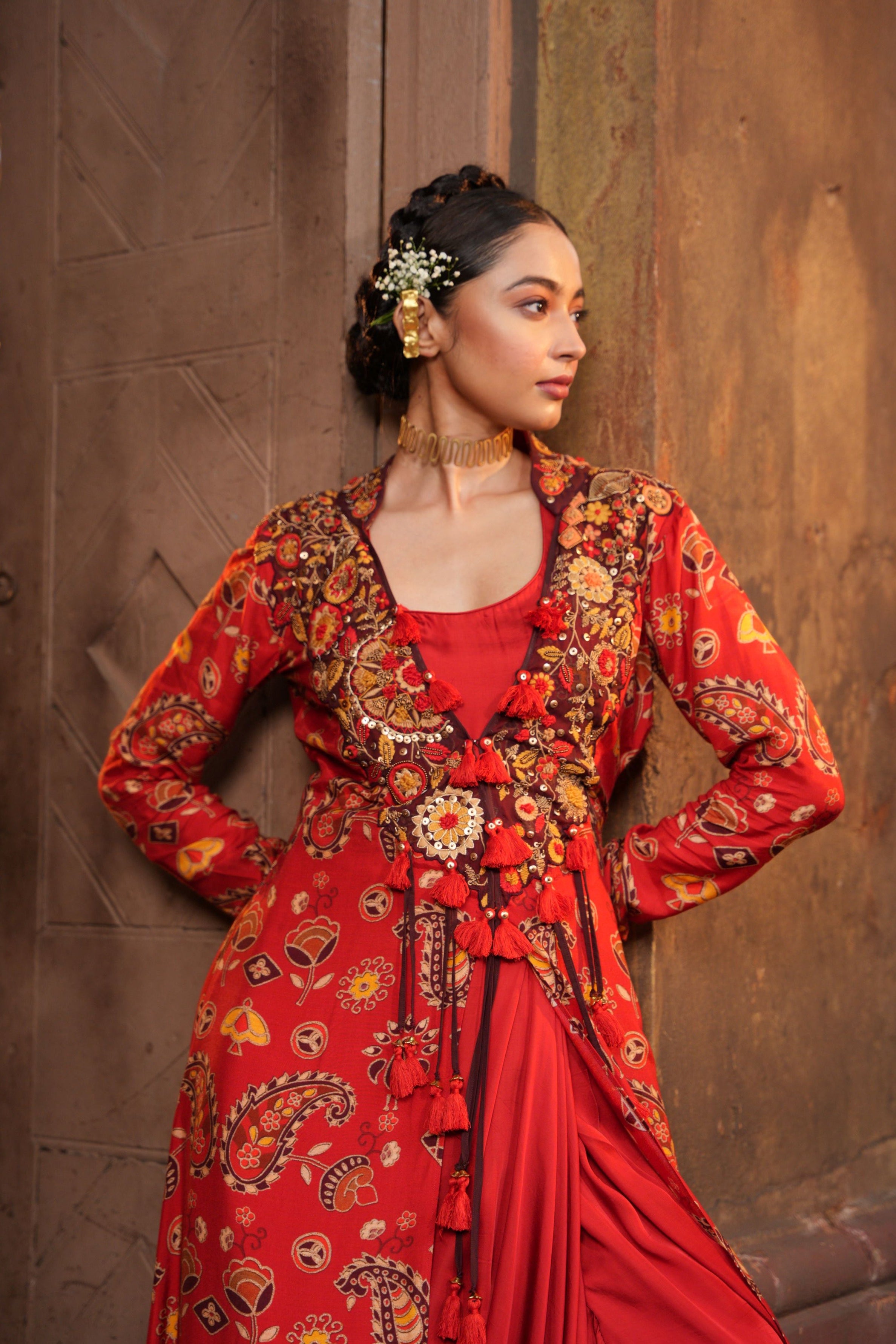 Cherry Red Premium Silk Draped Cape Dress