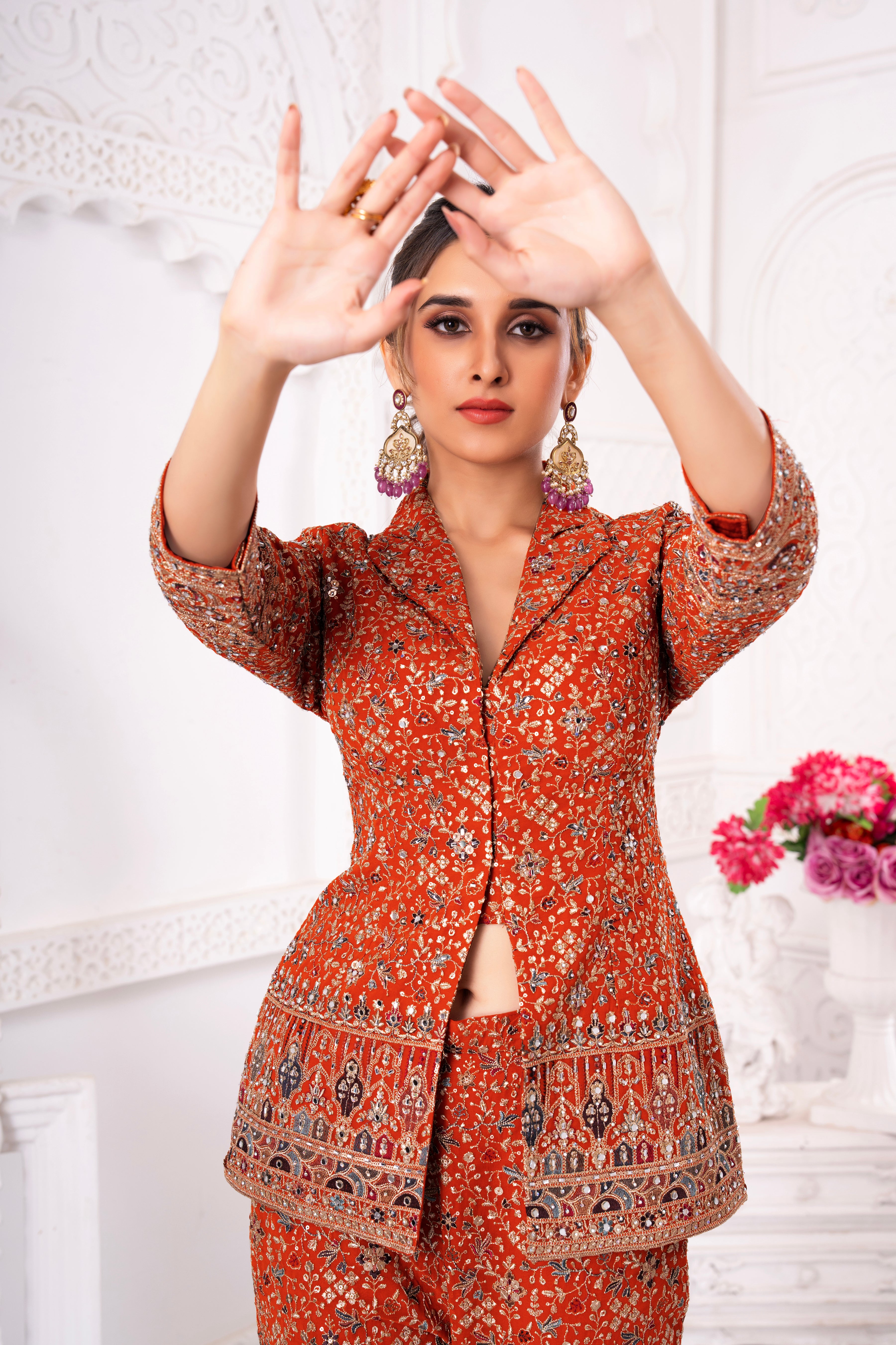 Rust Orange Handwork Tunic & Pant Set