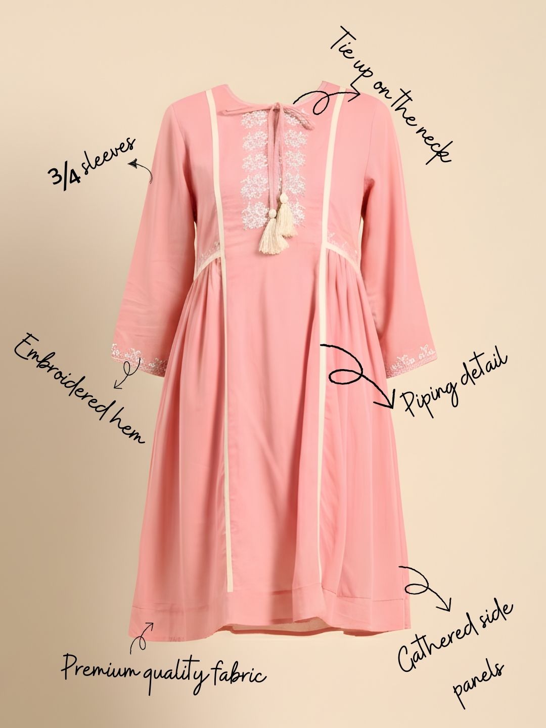 Soft Pink Embroidered Cotton Linen Dress