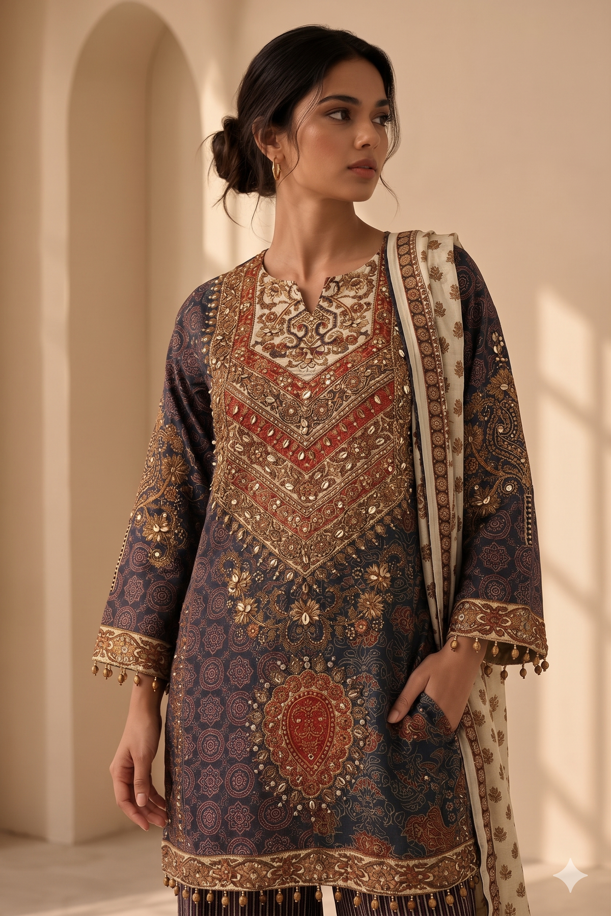 Navy and Rust Embellished Crepe Silk Suit Set