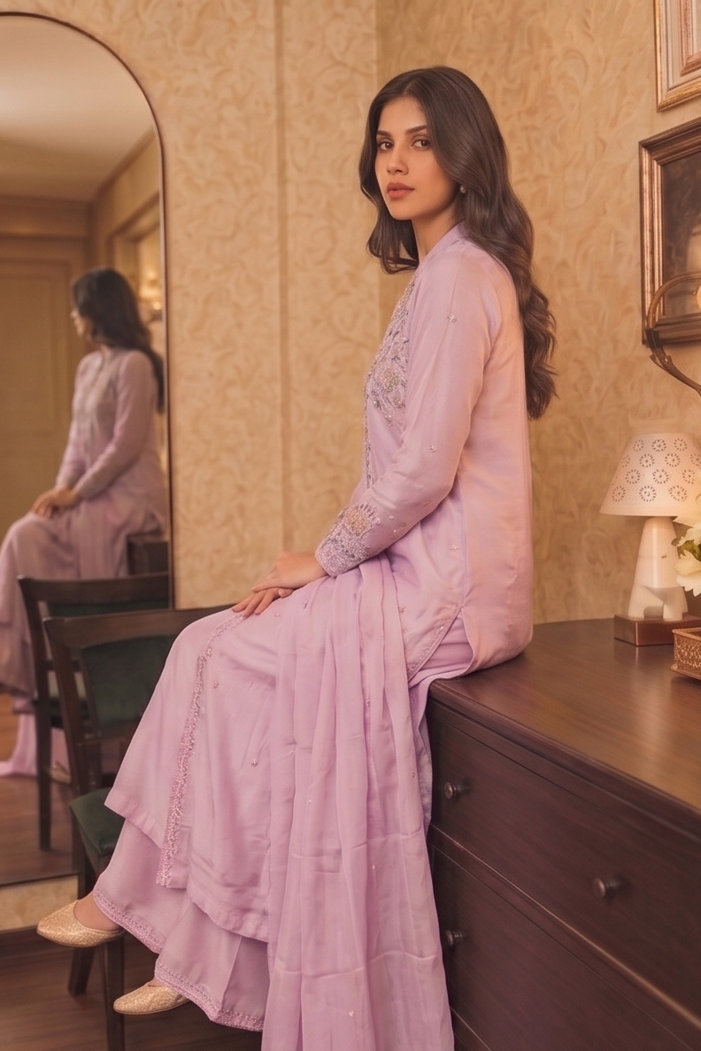 Lilac Pink Embellished Chinon Silk Palazzo Set
