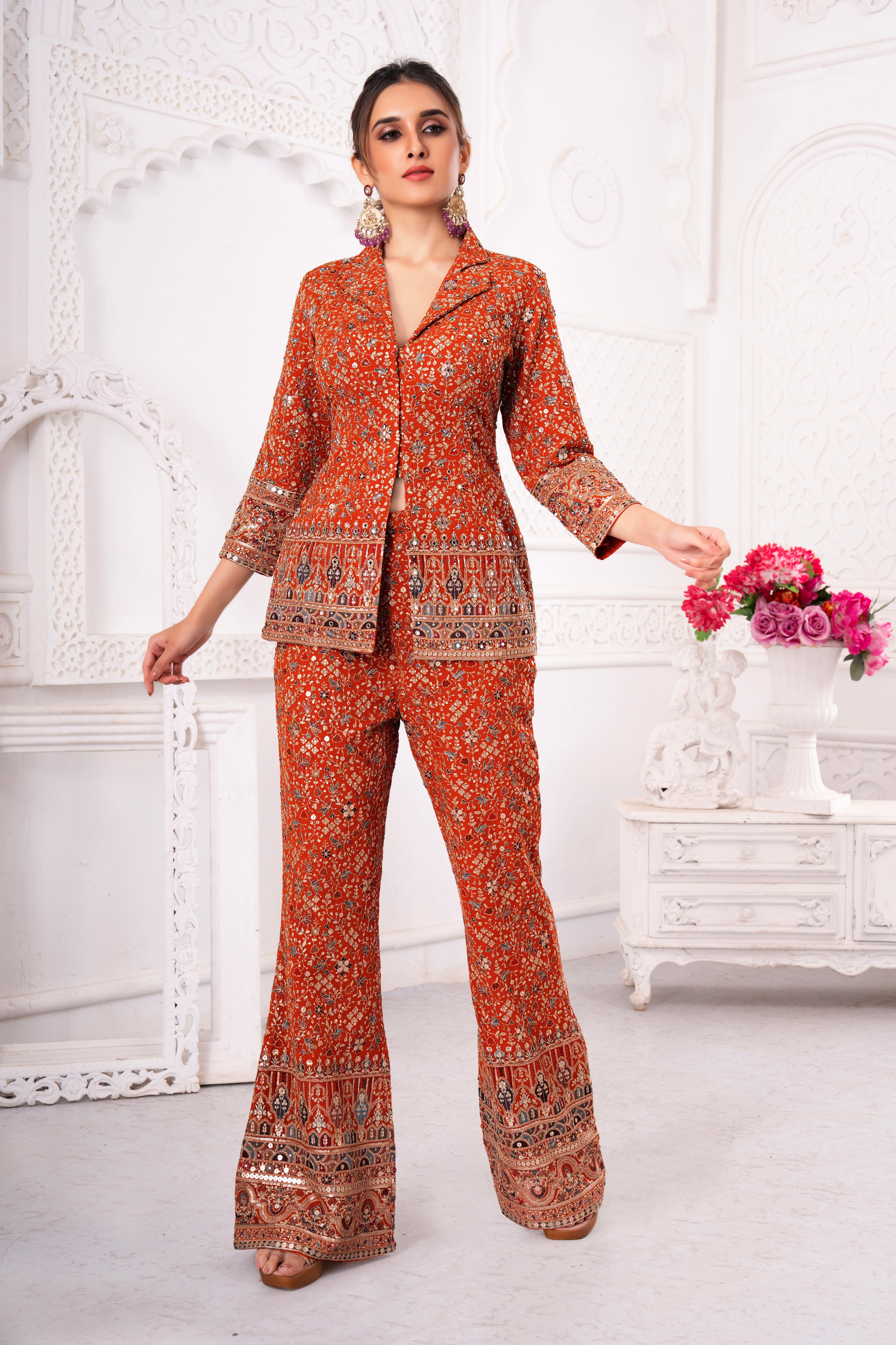 Rust Orange Handwork Tunic & Pant Set