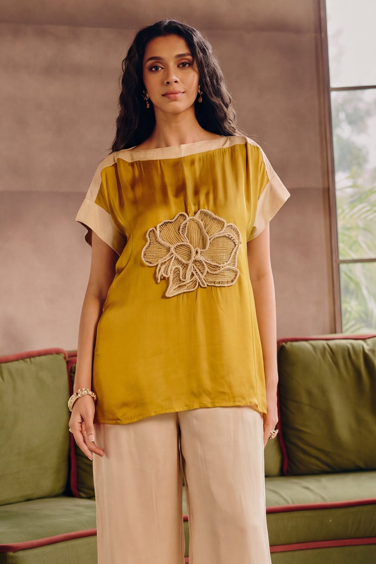 Mustard Ivory Embellished Satin Silk Co-Ord Set