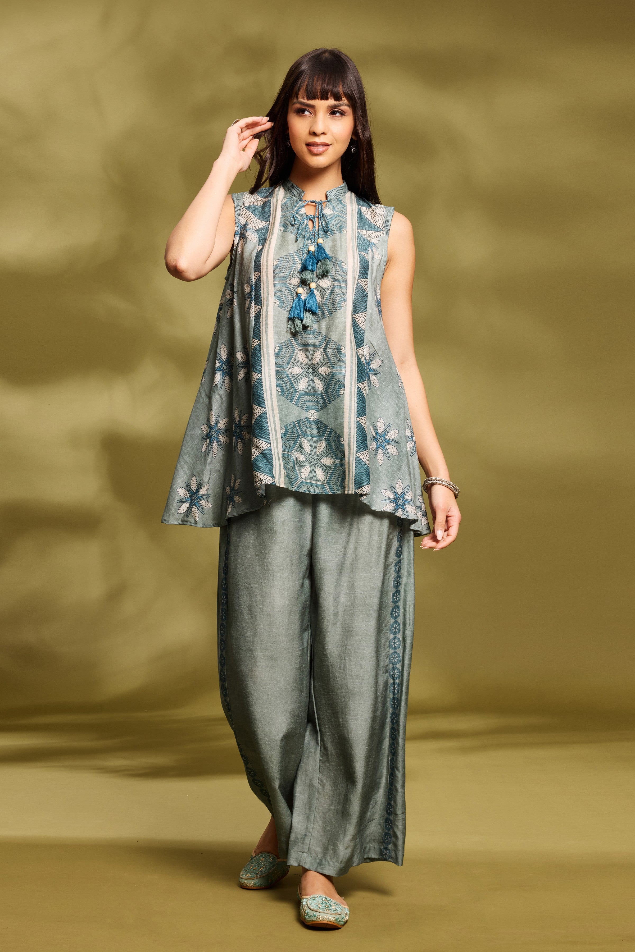 Sage Green Ethnic Tunic & Palazzo Set