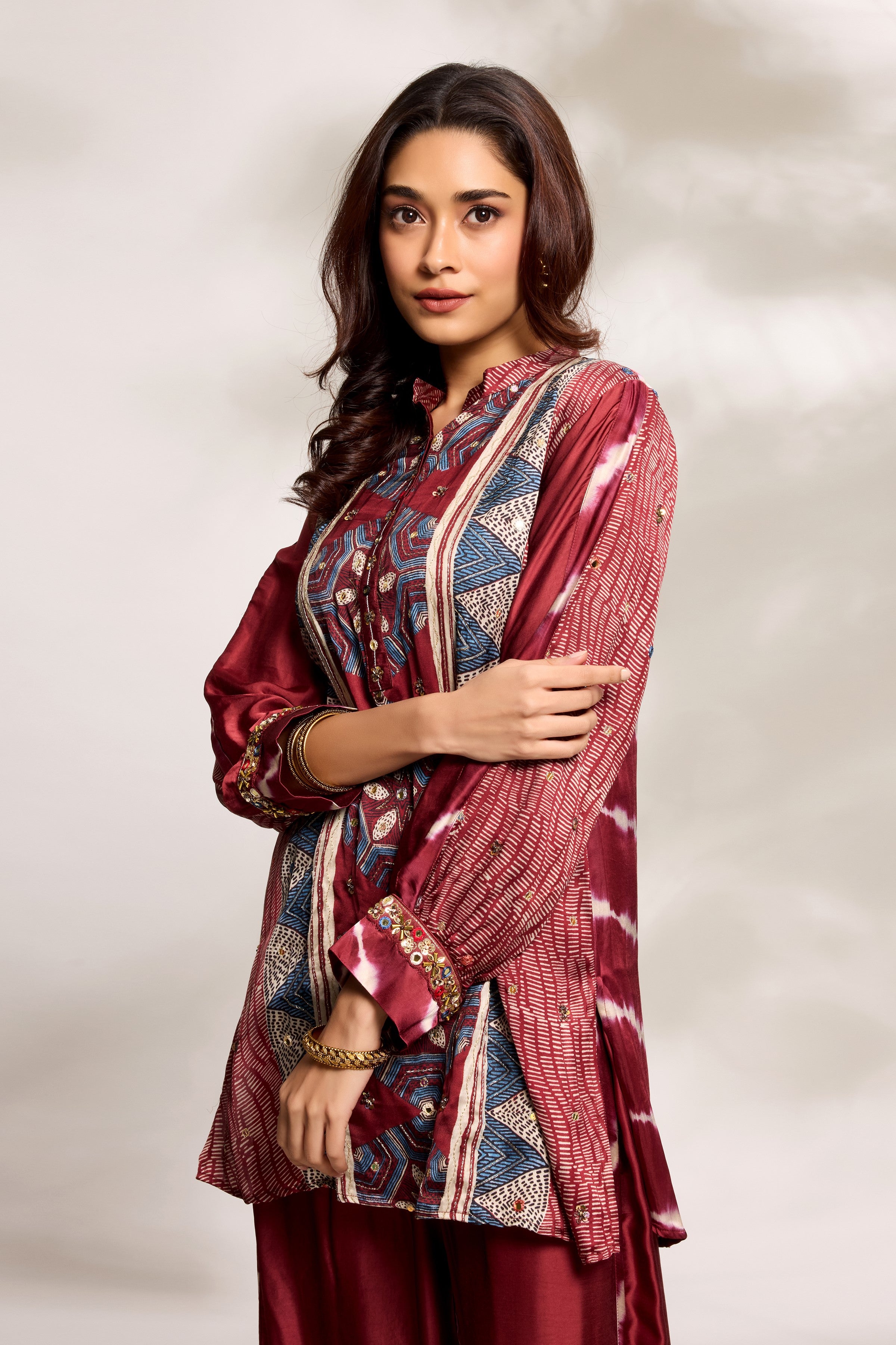 Deep Red Printed Kurta & Palazzo Set