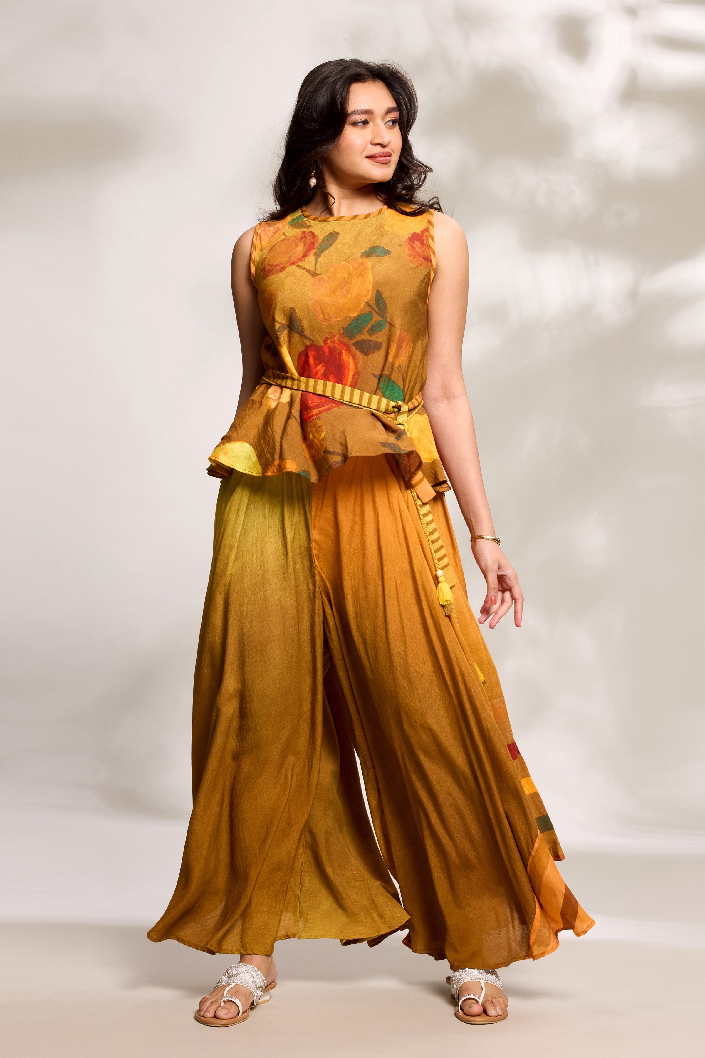 Mustard Bias Top & Flared Trousers Set