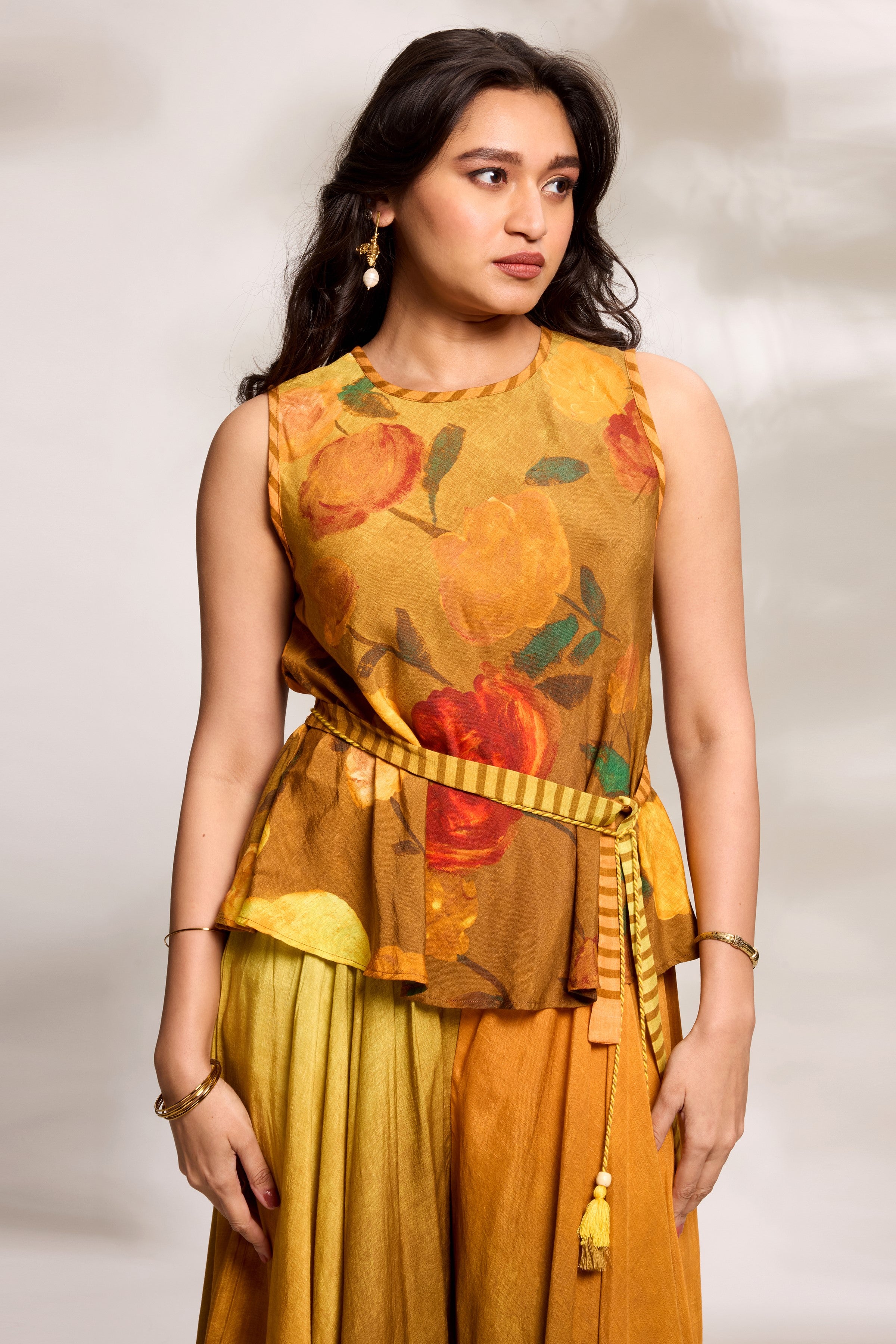 Mustard Bias Top & Flared Trousers Set