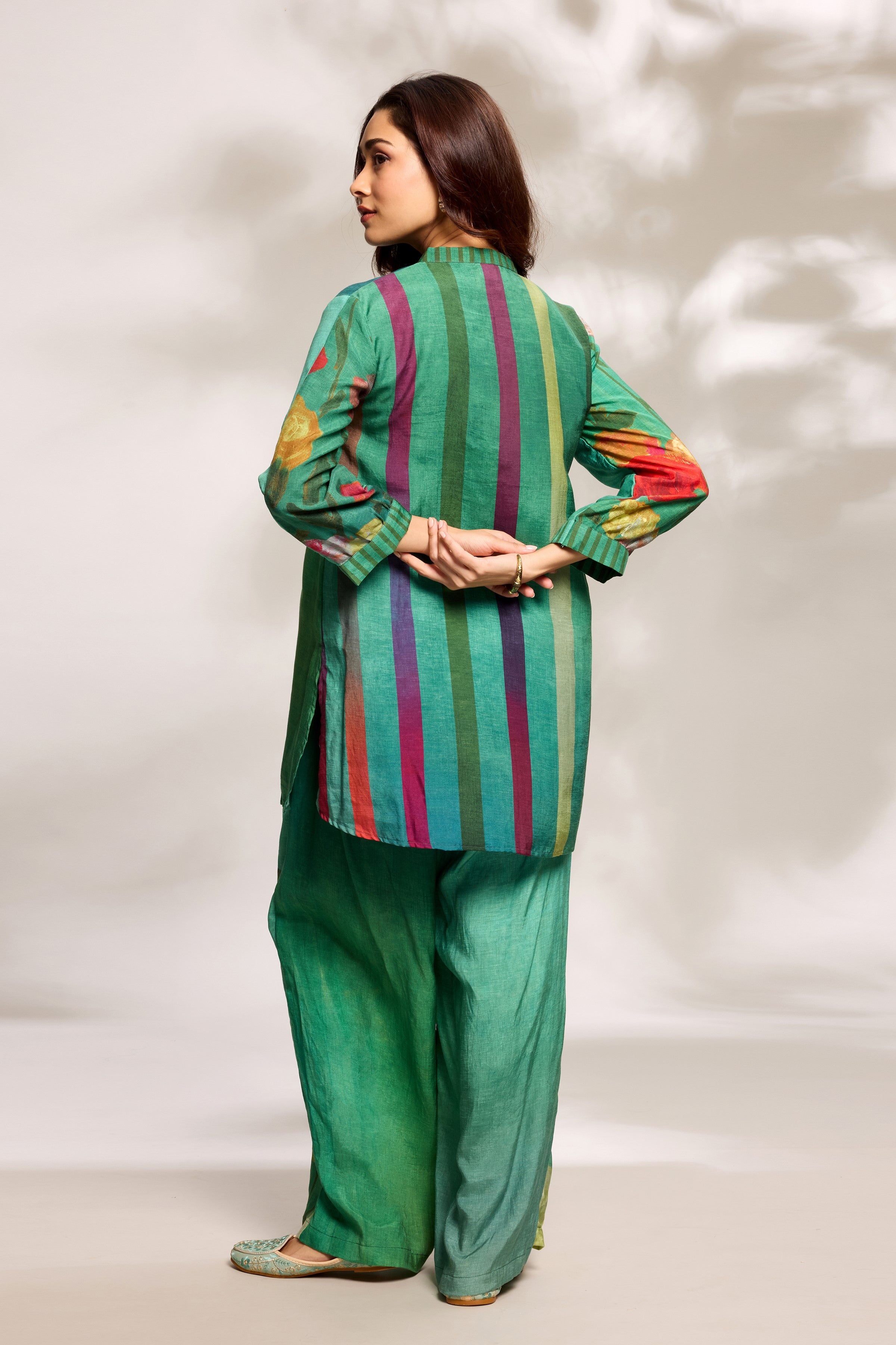 Green Top & Panelled Trousers Set