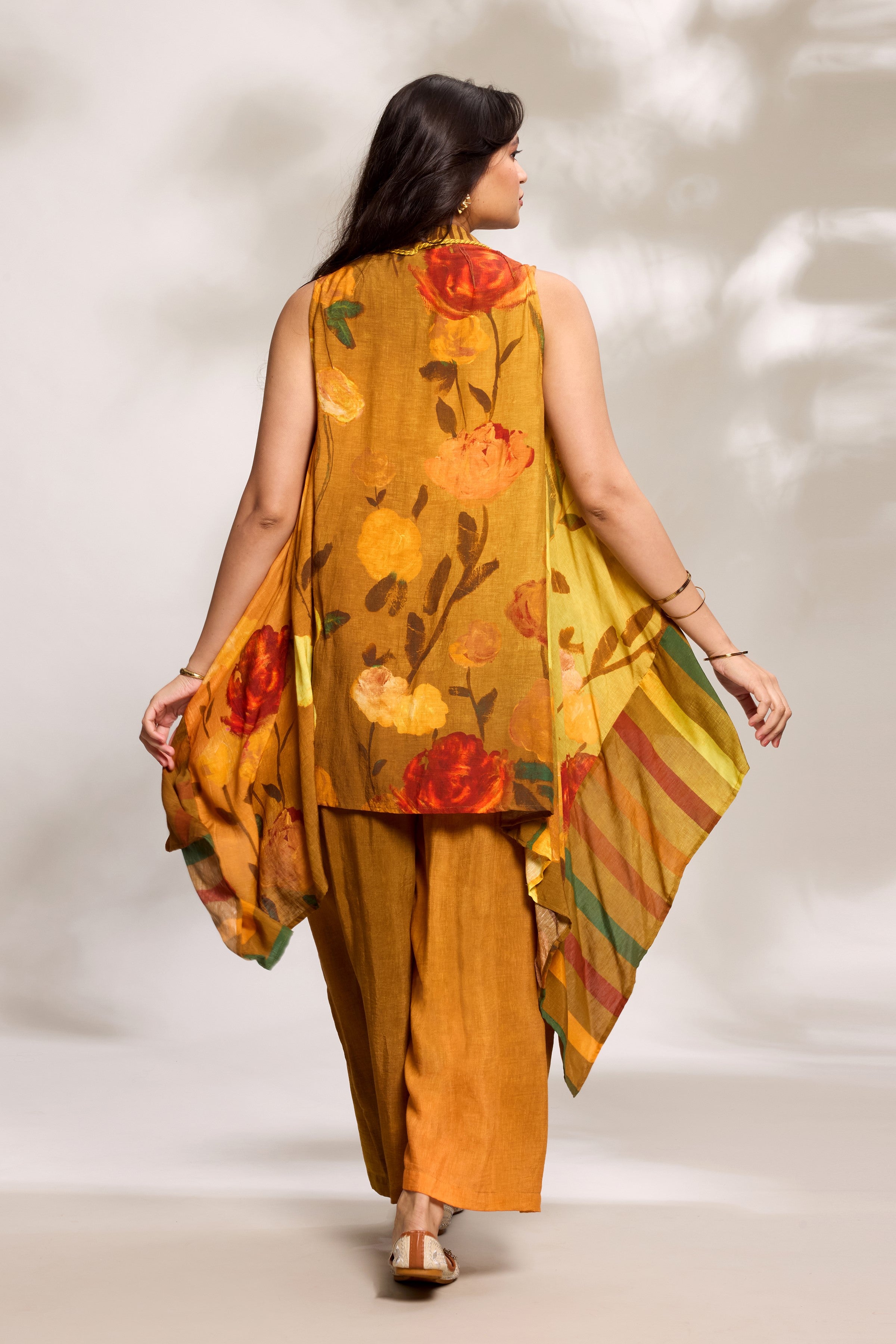 Mustard Printed Cape Jumpsuit