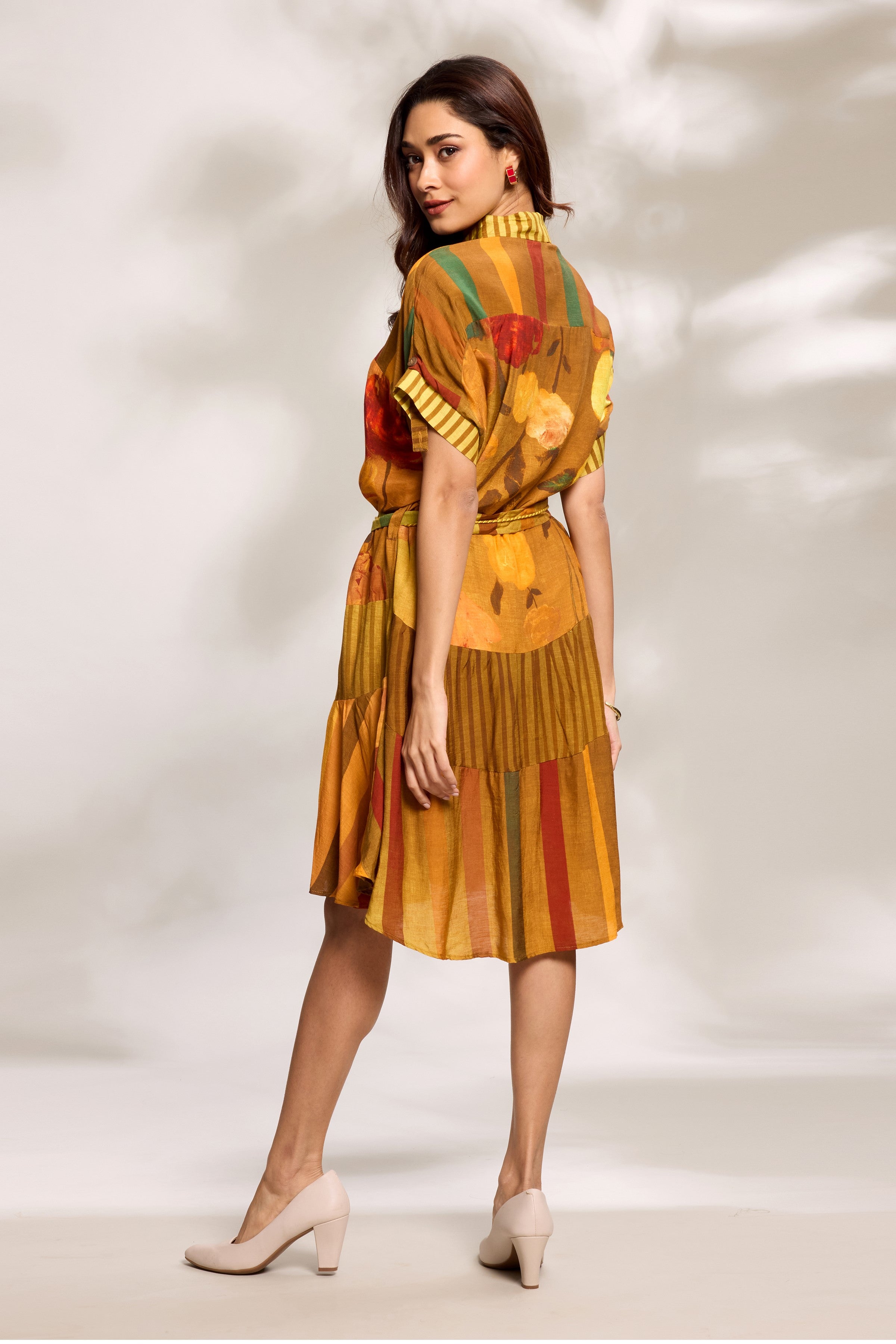 Mustard Printed Tiered Dress