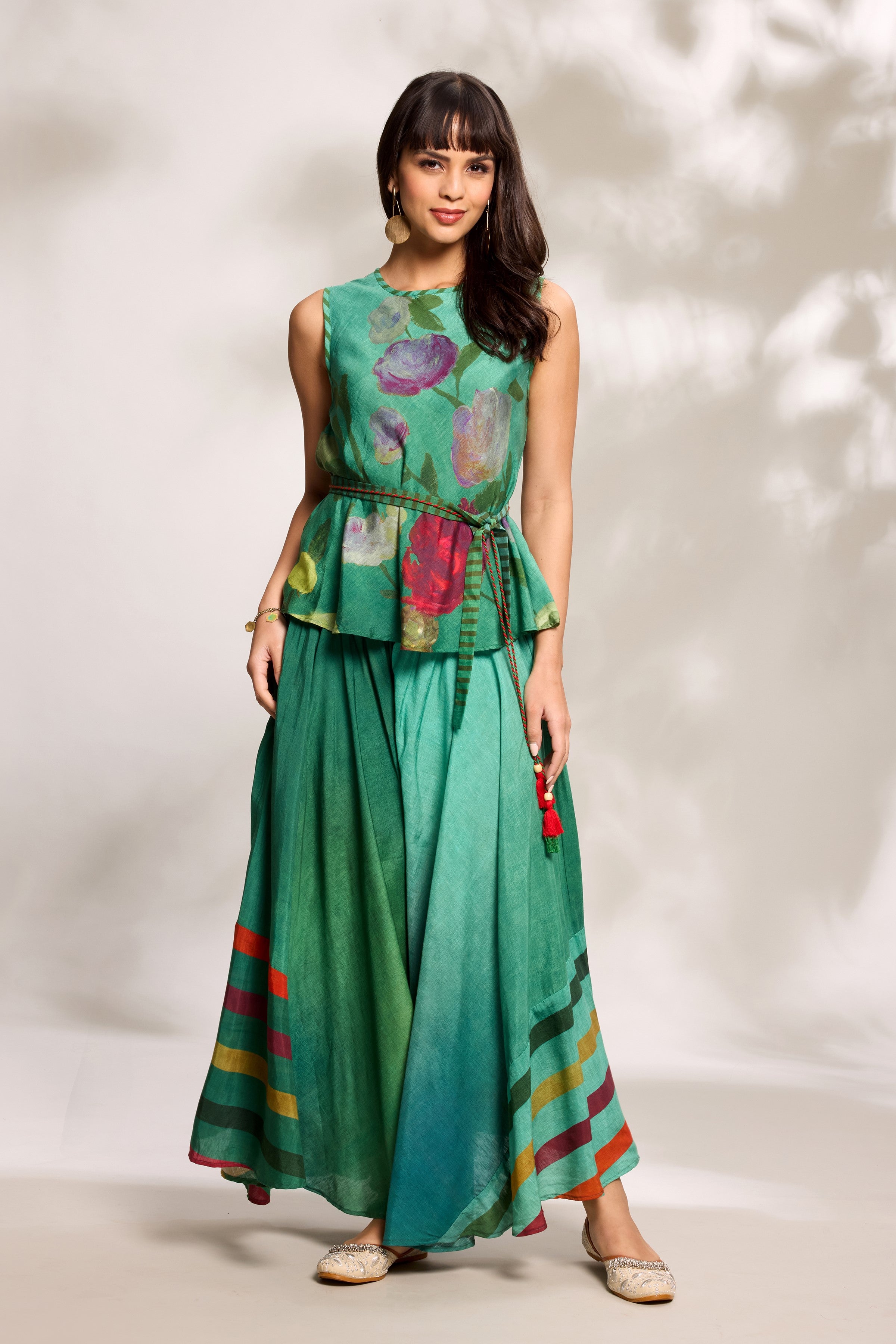 Green Bias Top & Flared Trousers Set