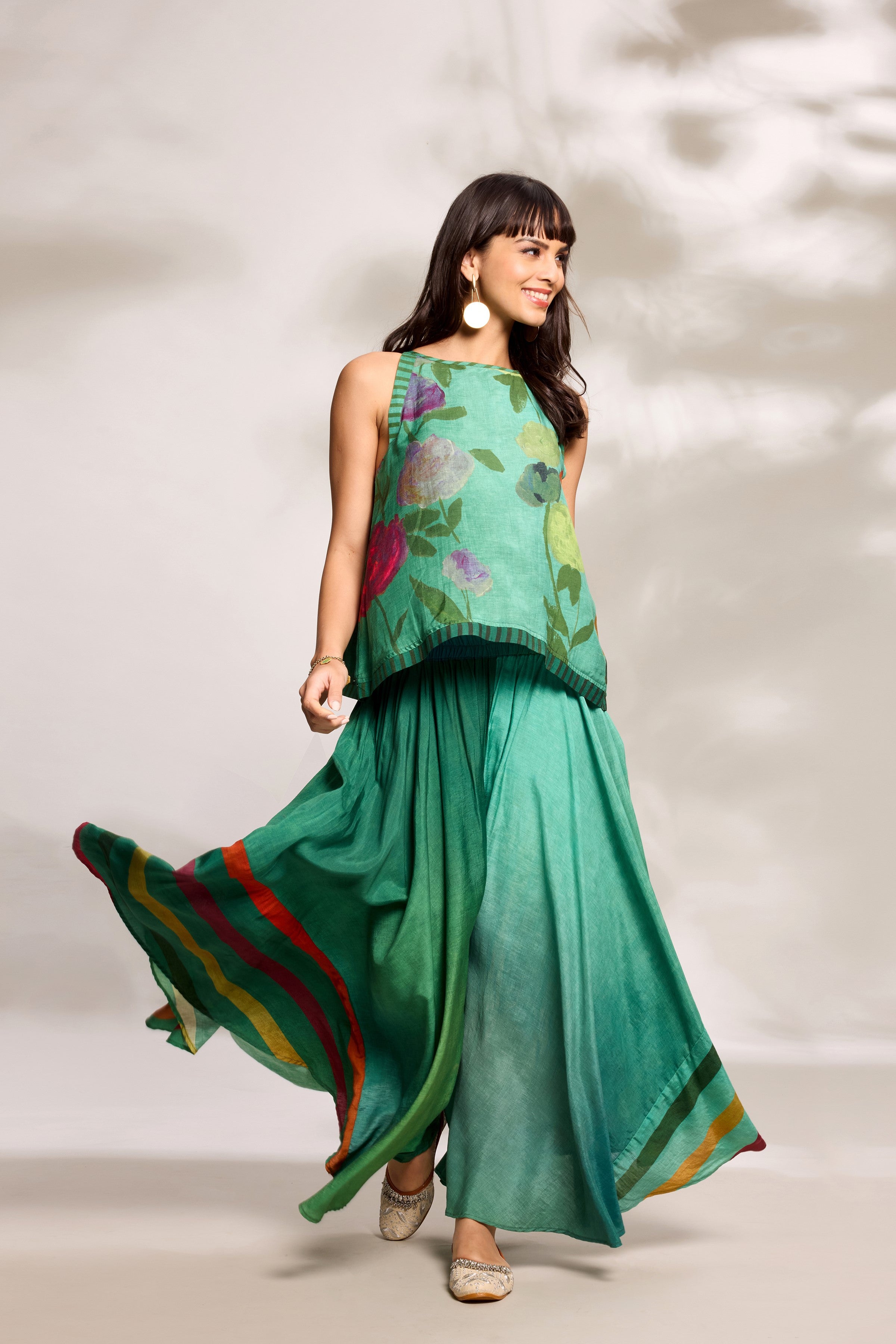 Green Flared Top & Trousers Set