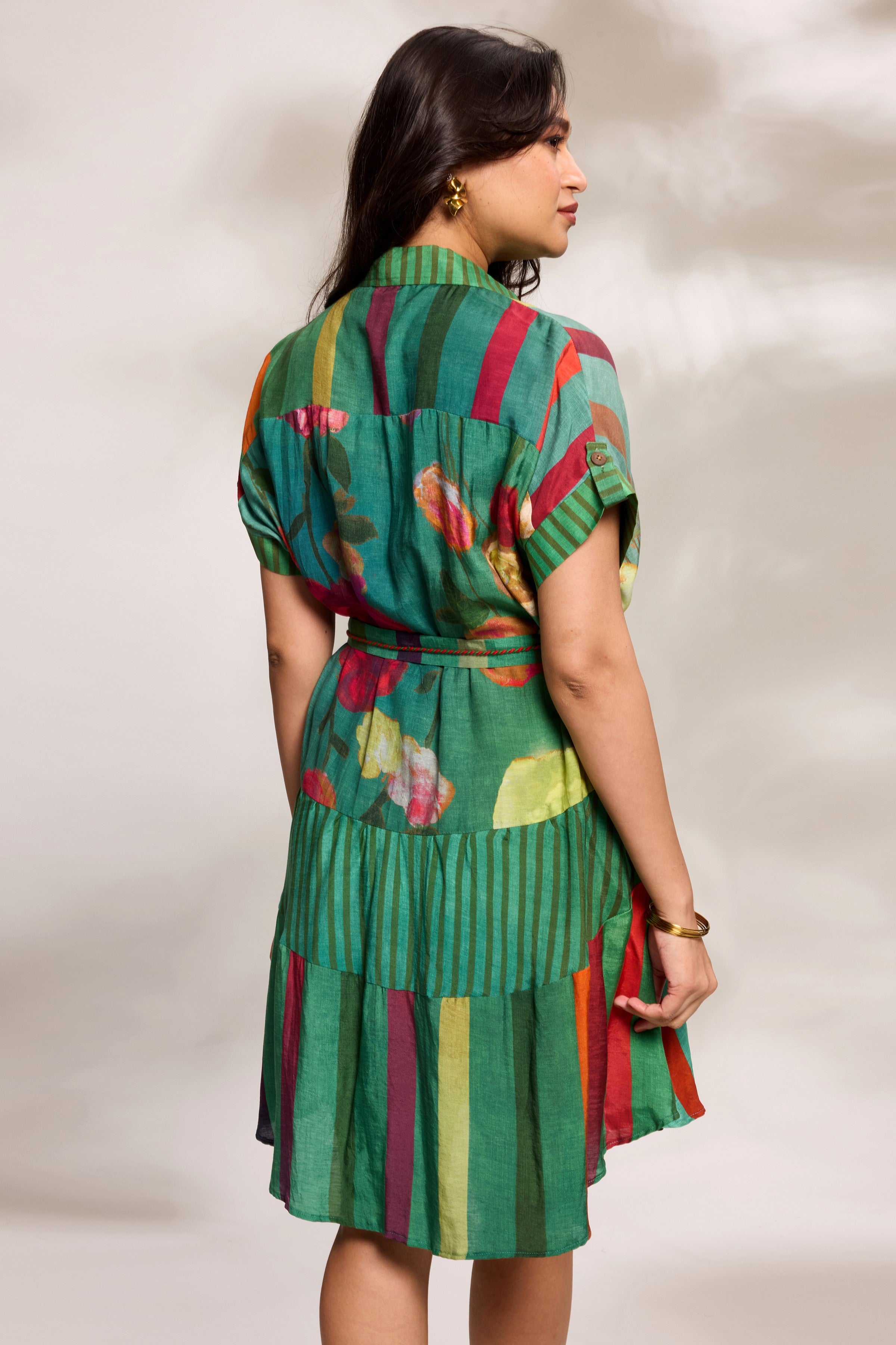 Green Printed Tiered Dress