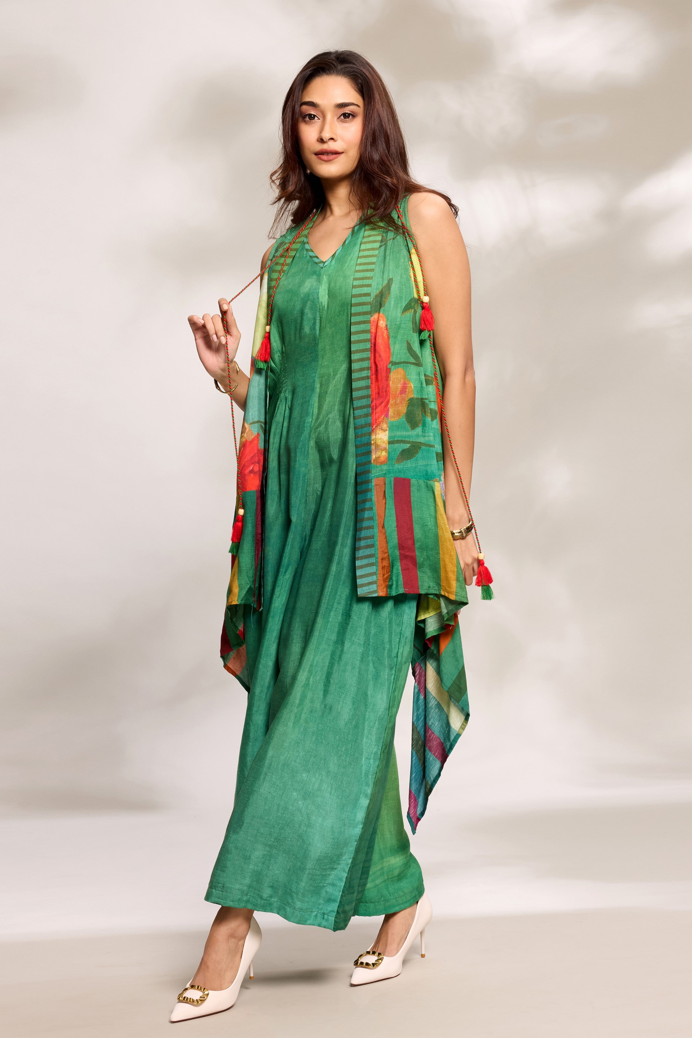 Green Printed Cape Jumpsuit