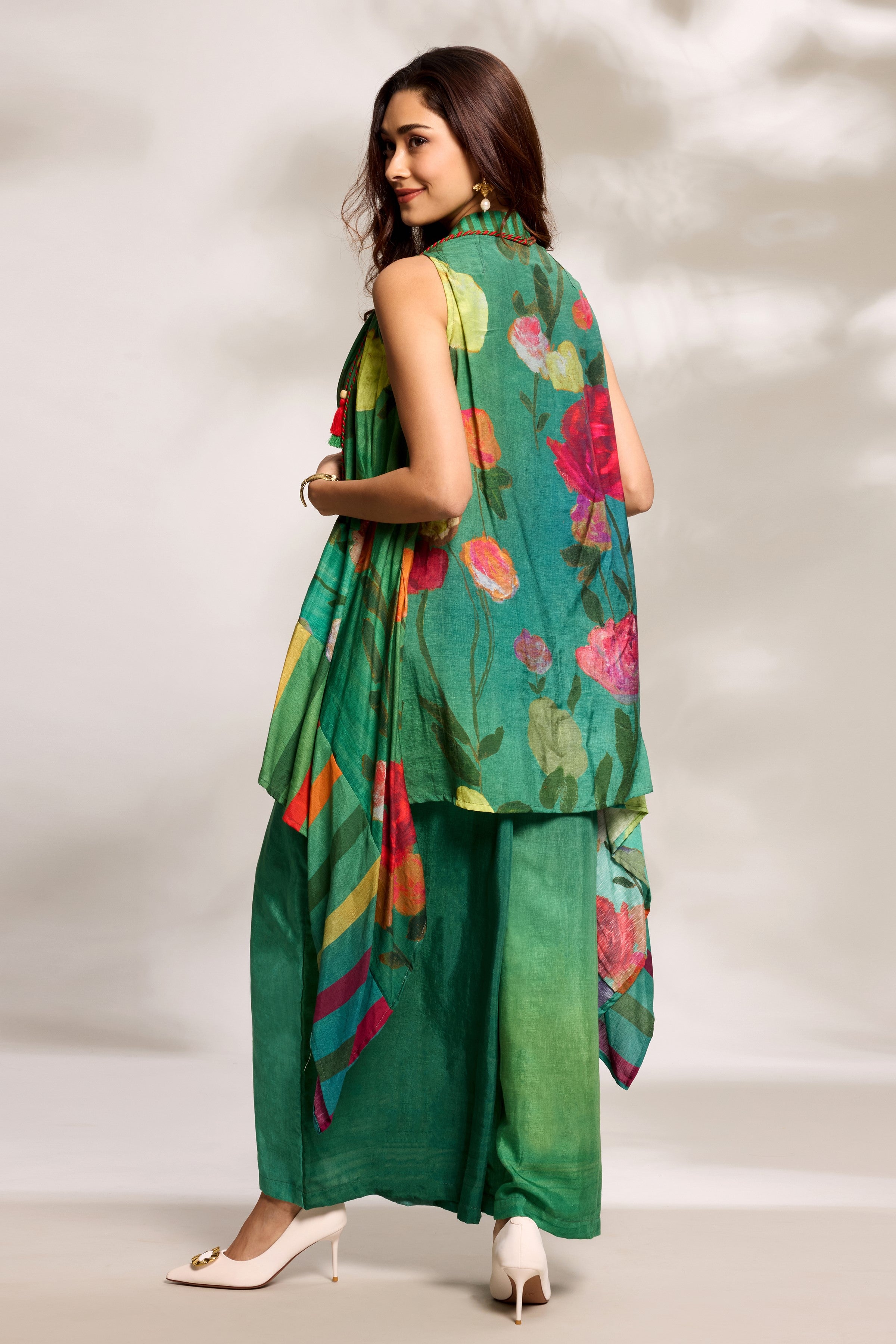 Green Printed Cape Jumpsuit