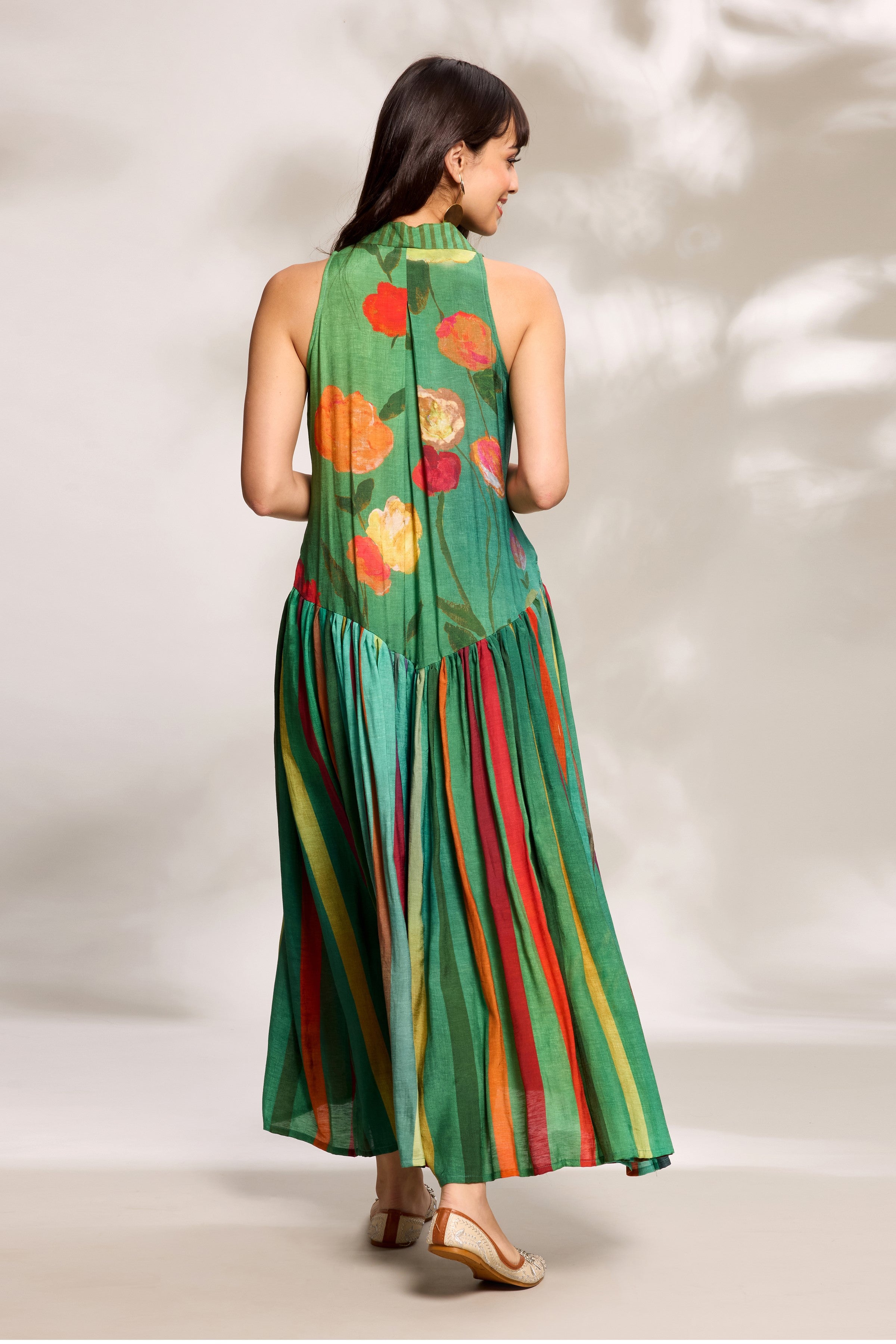 Green Printed Yoke Dress
