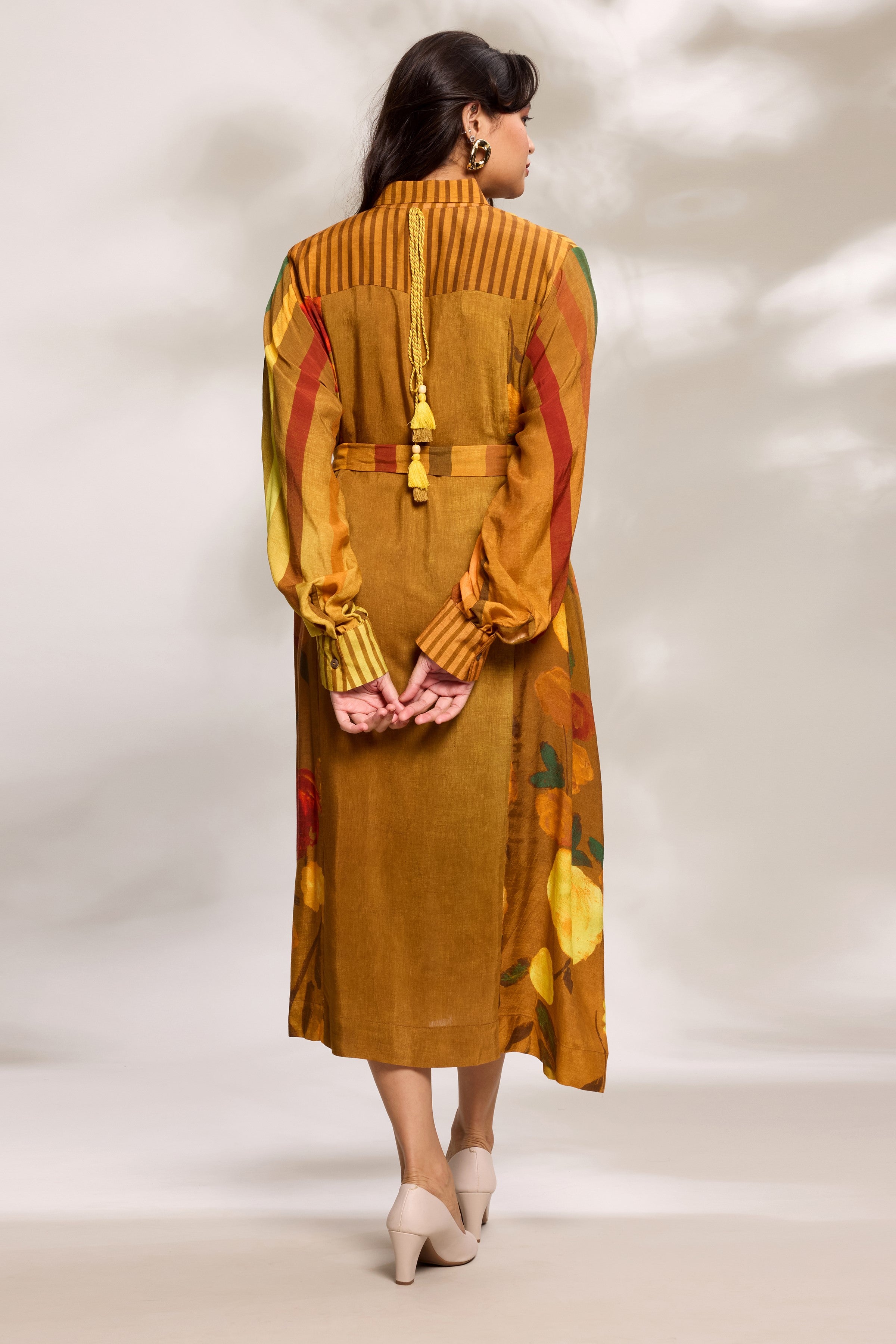 Mustard Printed Midi Shirt Dress