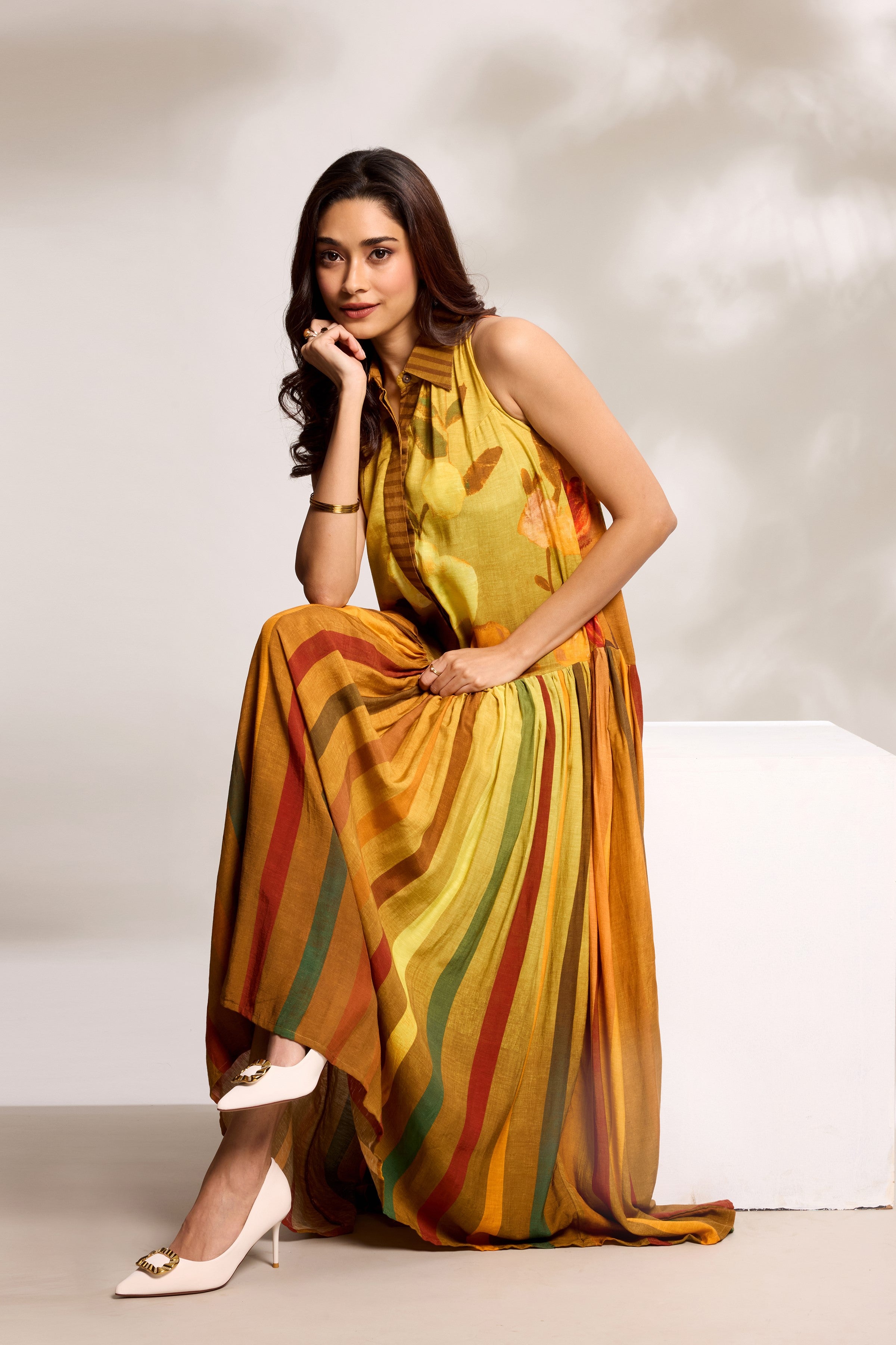 Mustard Printed Yoke Dress
