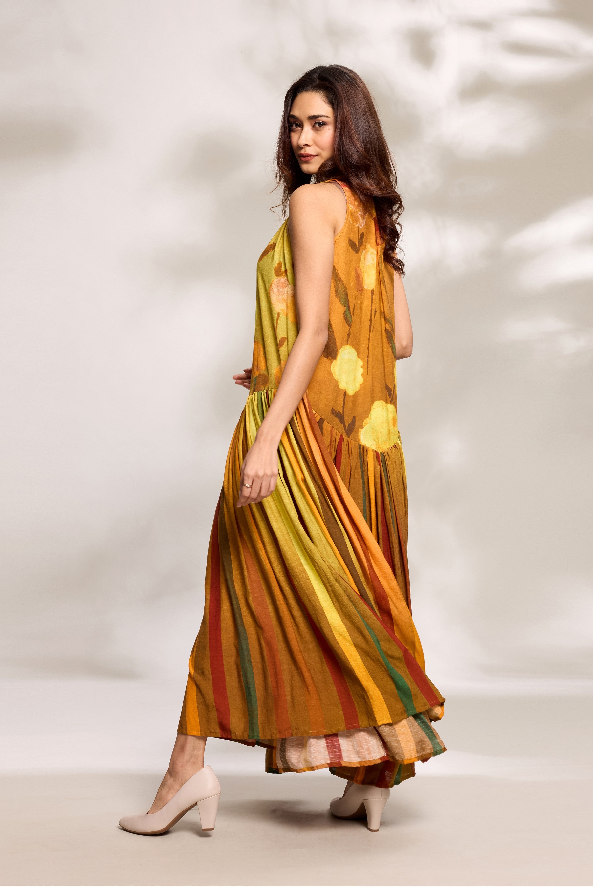 Mustard Printed Yoke Dress