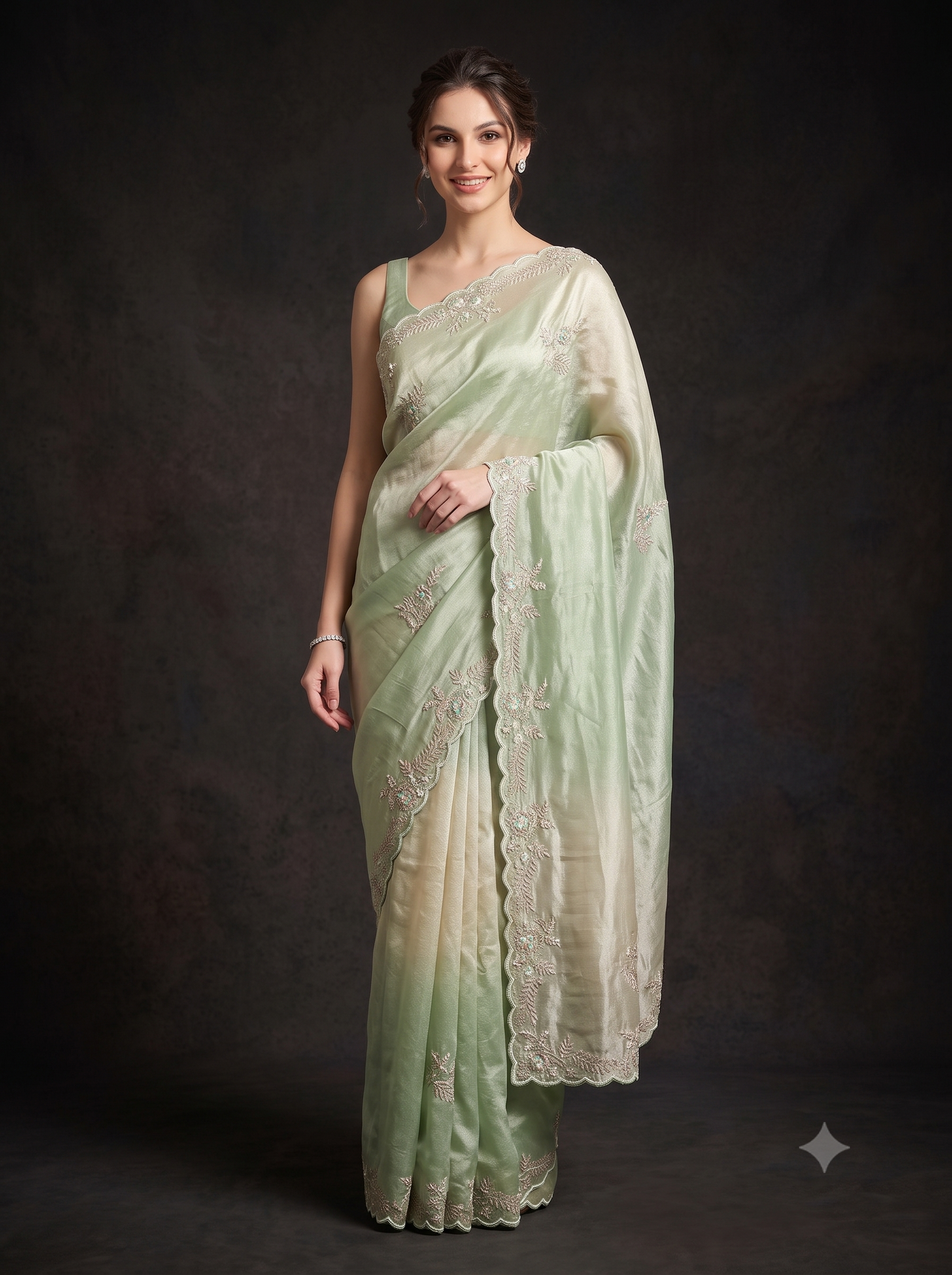 Pastel Green Embellished Tissue Silk Saree