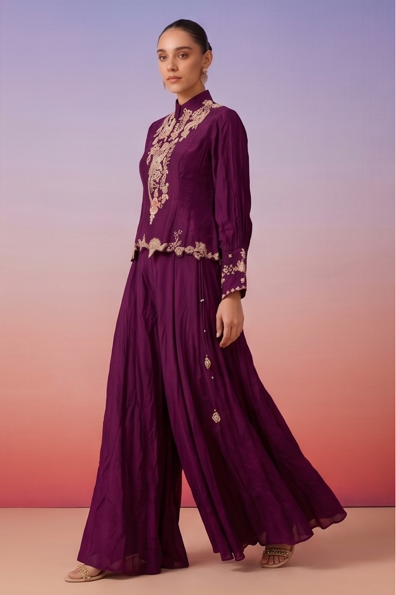 Regal Plum Embellished Crepe Satin Silk Palazzo Set