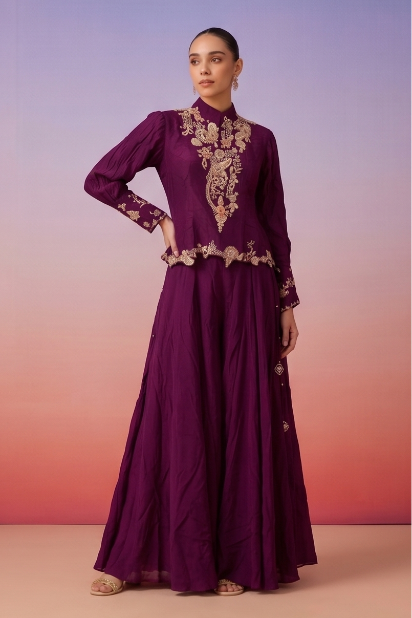 Regal Plum Embellished Crepe Satin Silk Palazzo Set