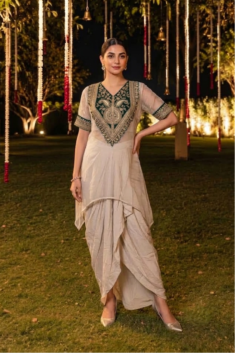 Champagne Green Embellished Crepe Silk Skirt Set