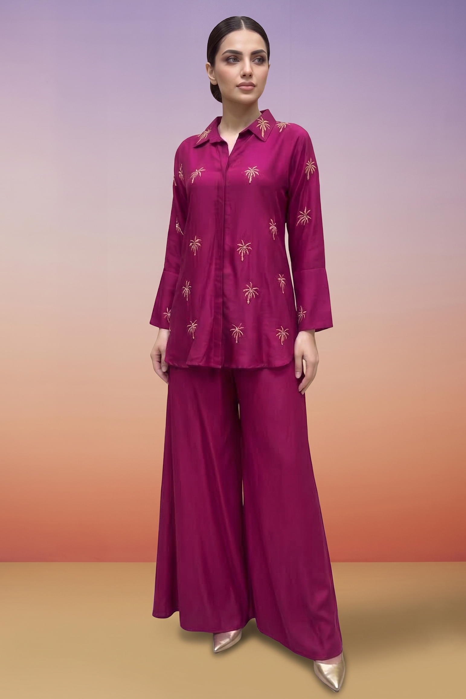Magenta Pink Embellished Crepe Silk Co-Ord Set