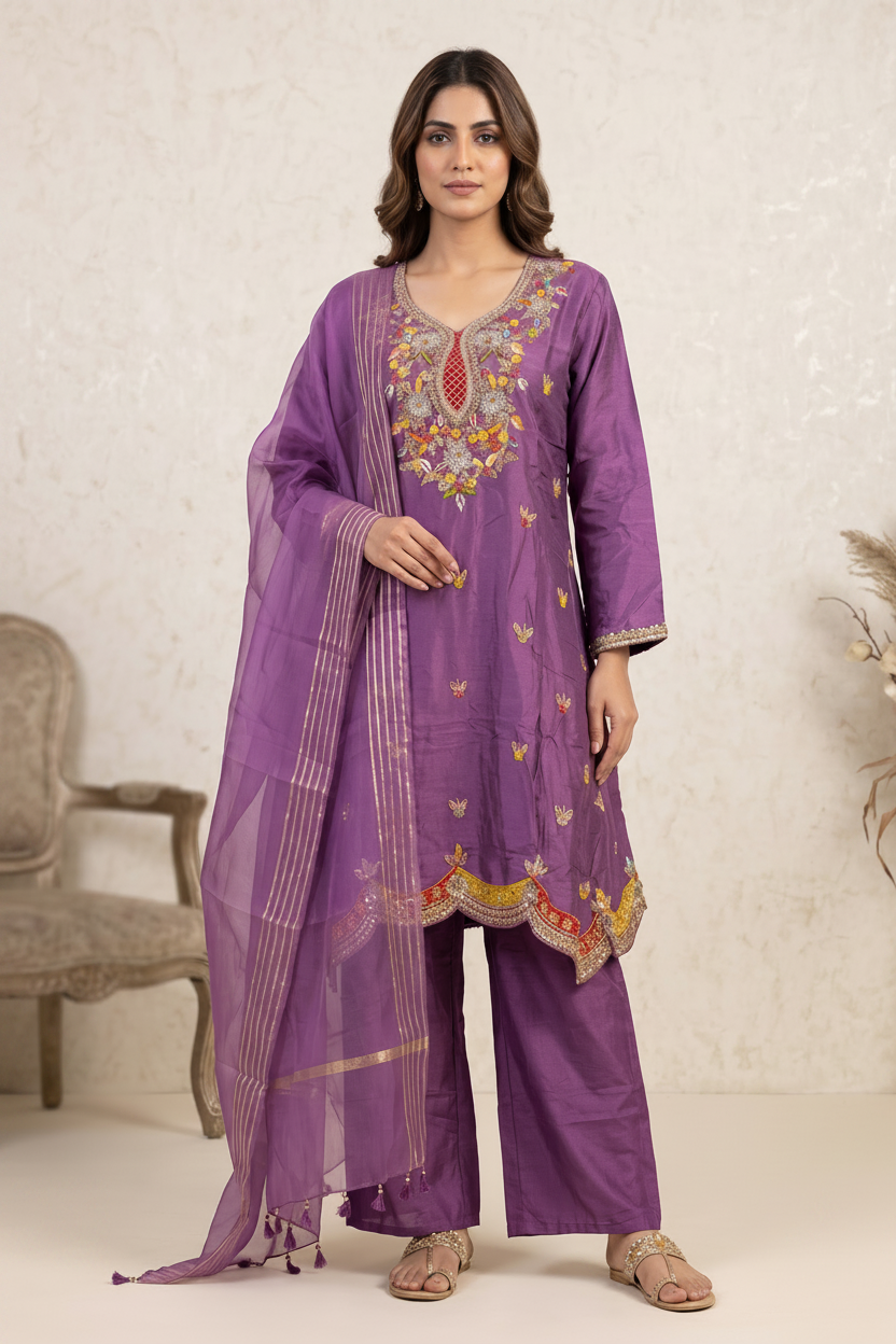 Purple Majesty Embellished Raw Silk Pant Set