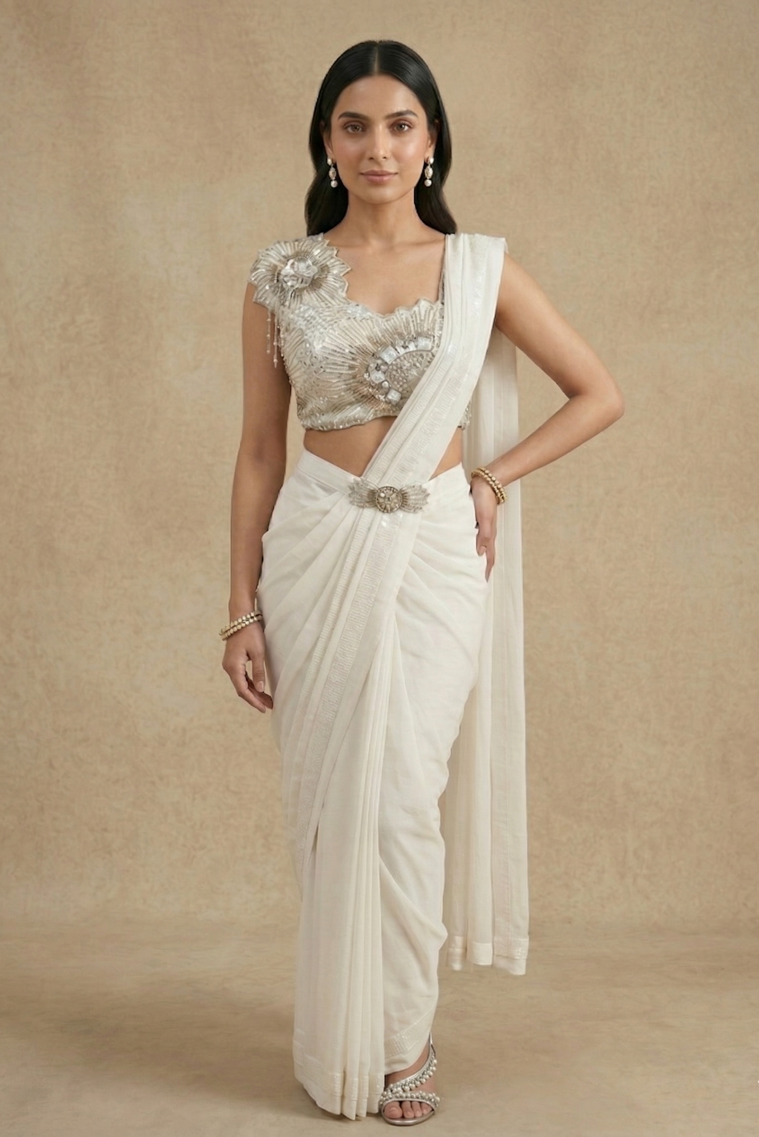 Pearl Embellished Spandex Lycra Silk Draped Saree