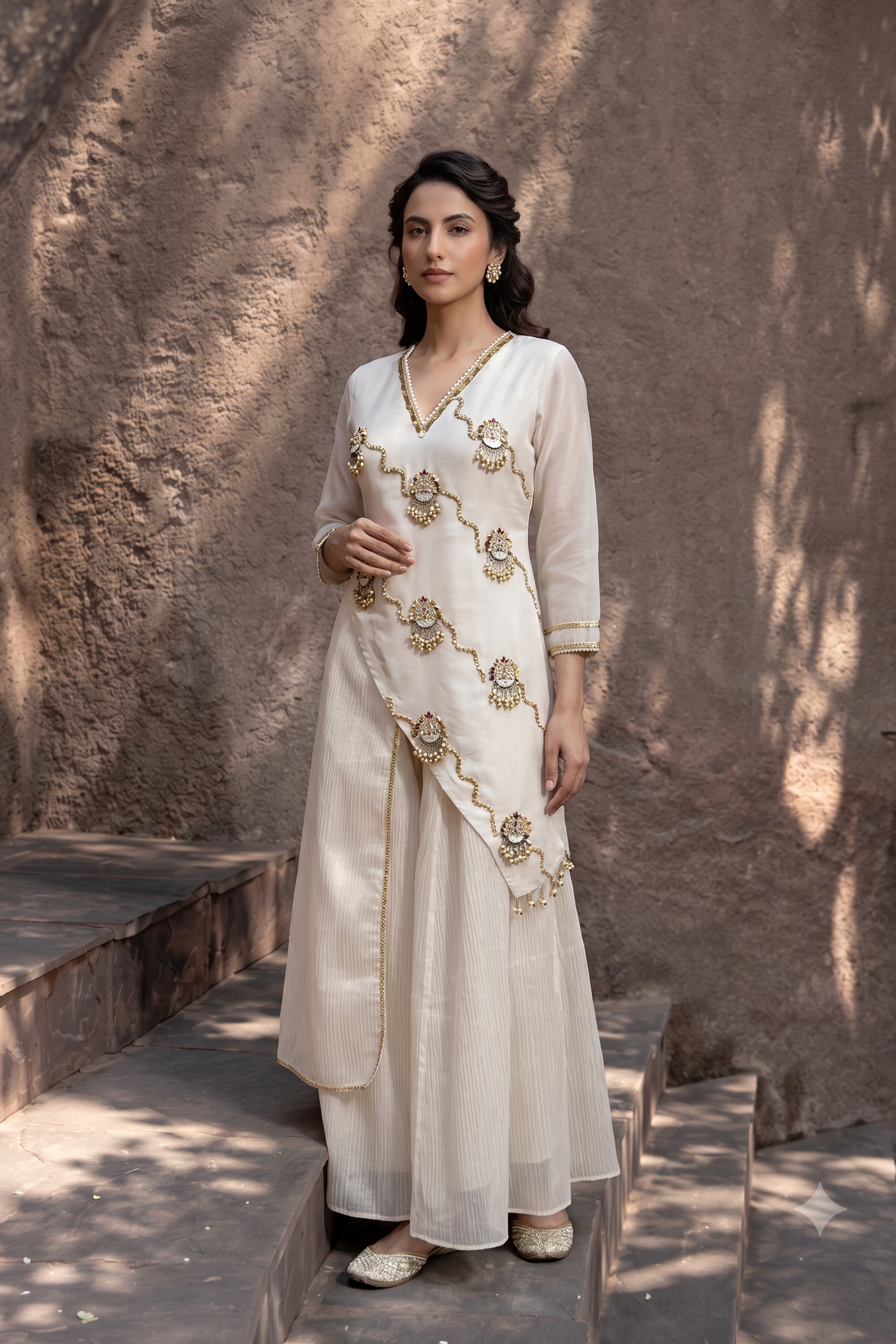 Pristine Ivory Embellished Shimmer Tissue Silk Co-Ord Set