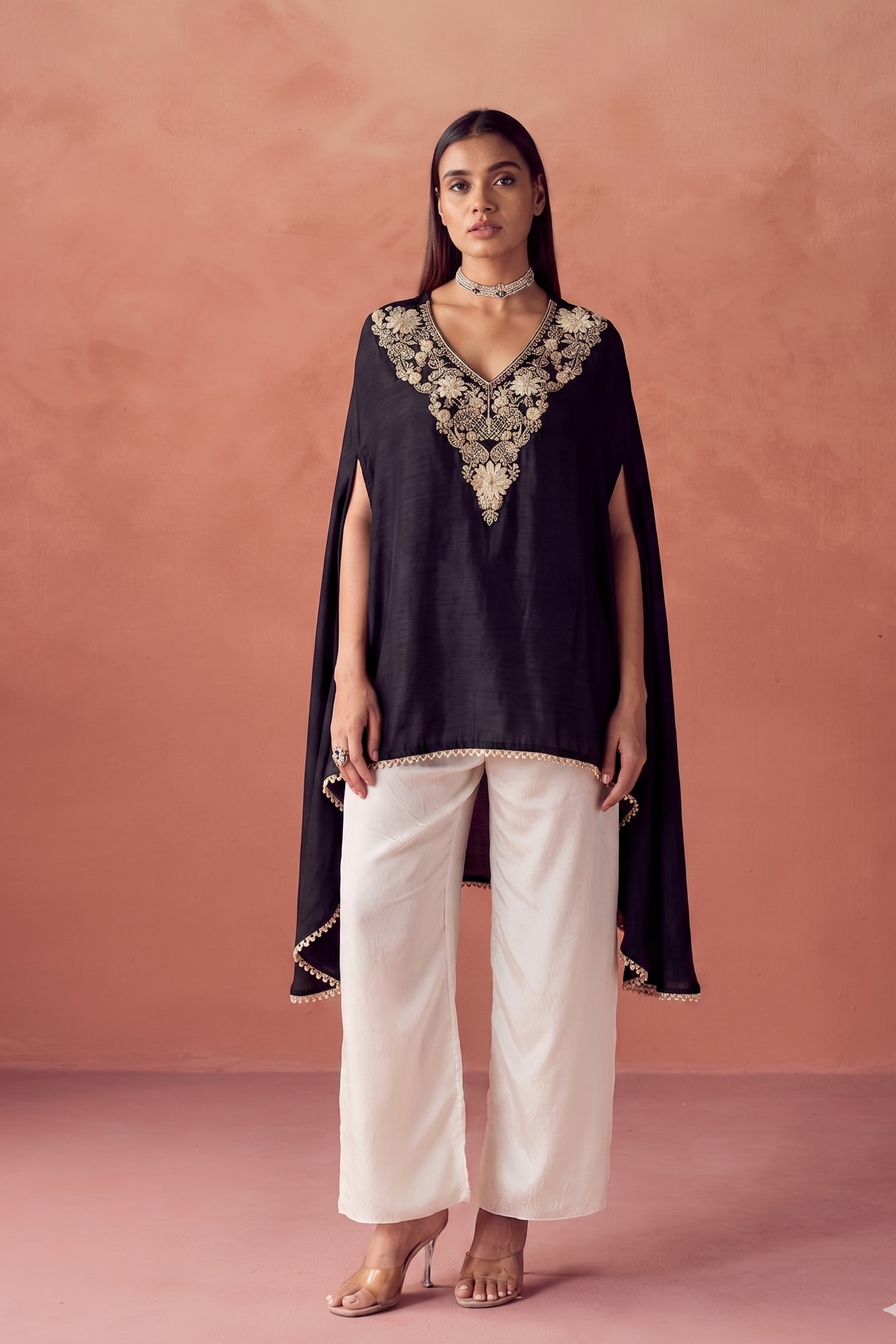 Deep Black Embellished Raw Silk Co-Ord Set