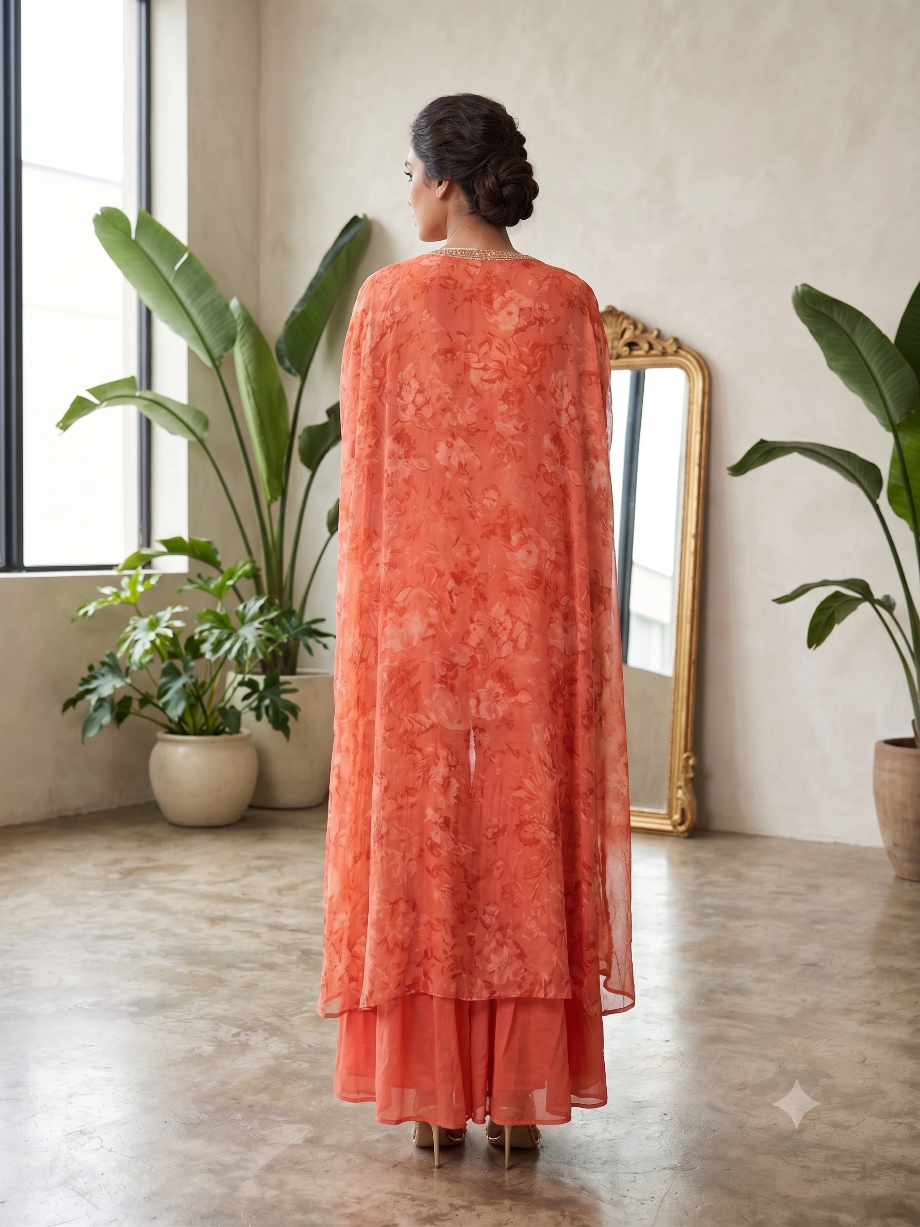 Coral Bloom Embellished Georgette Sharara Set