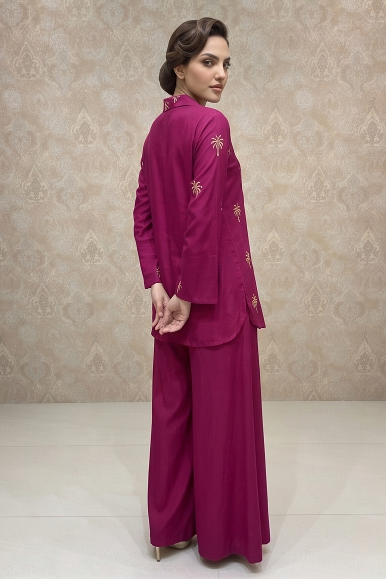 Magenta Pink Embellished Crepe Silk Co-Ord Set