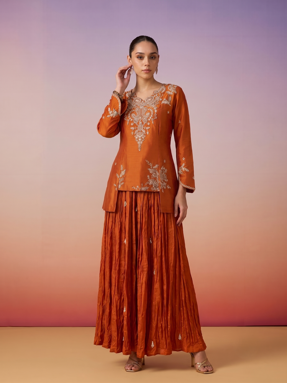 Soft Tangerine Embellished Crepe Silk Skirt Set