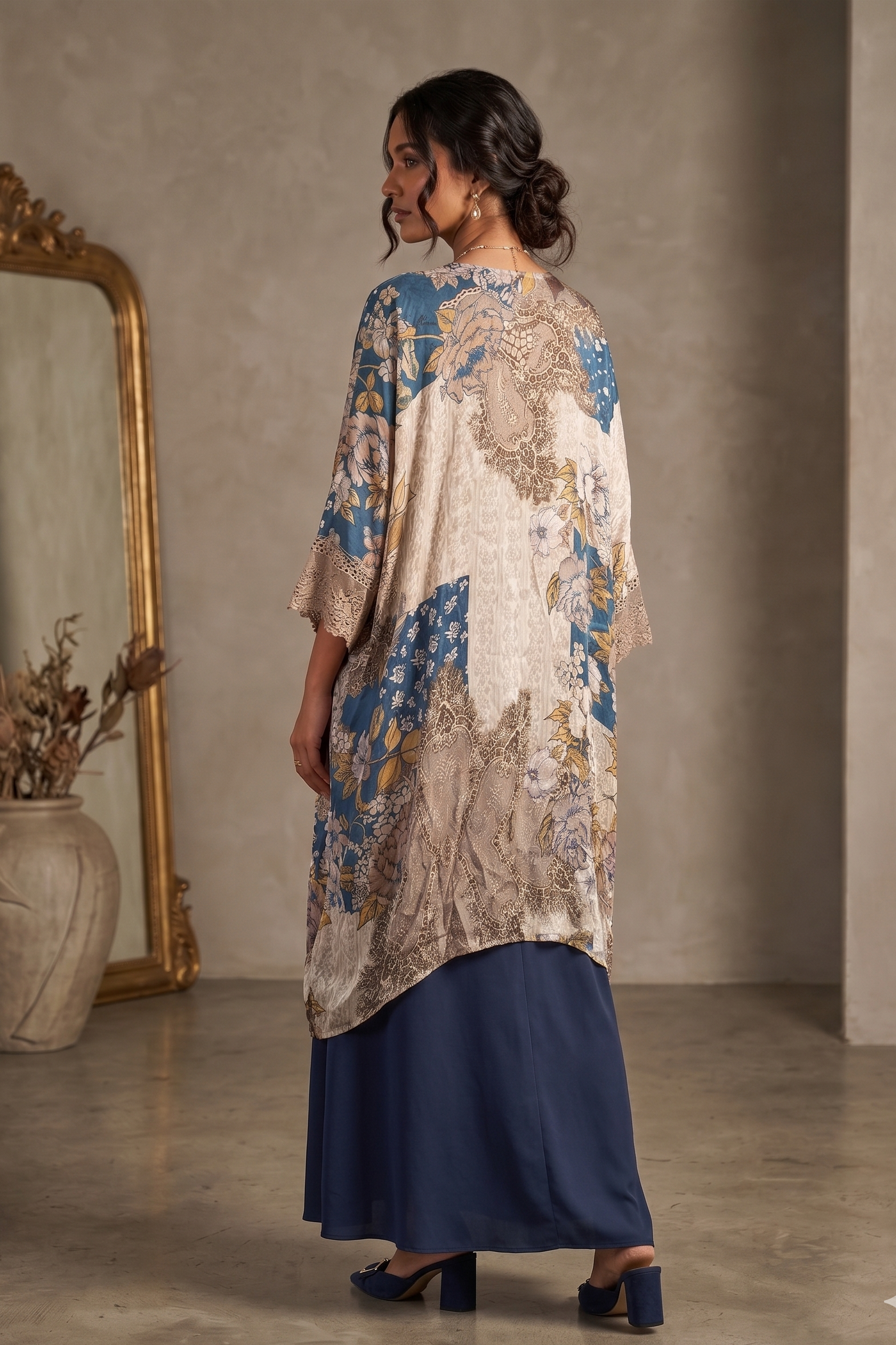 Dusty Blue Embellished Crepe Silk Skirt Set