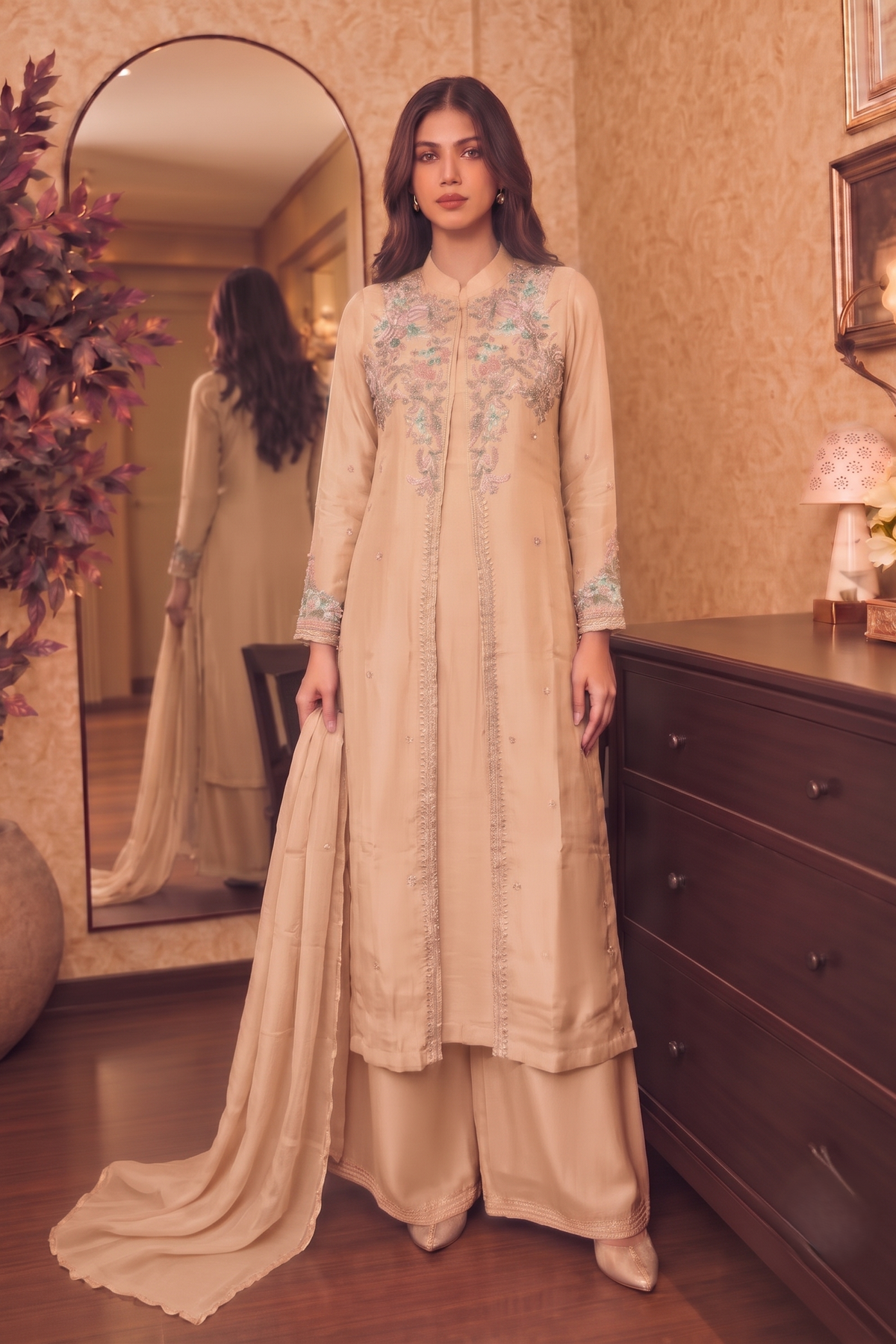 Dusty Peach Embellished Chinon Silk Palazzo Set