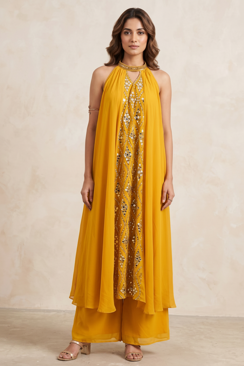 Mustard Yellow Embellished Georgette Silk Palazzo Set