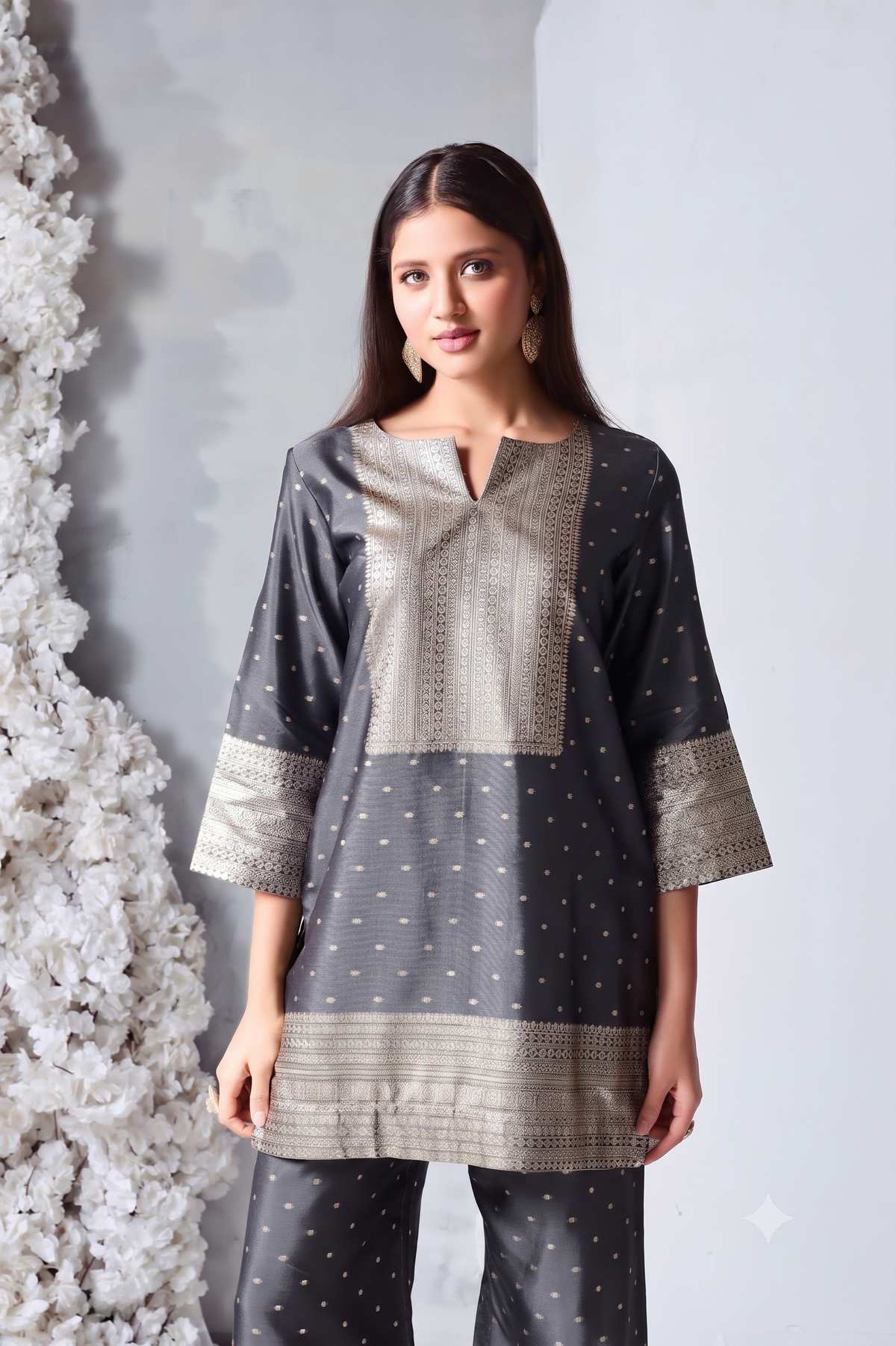 Ash Grey Embellished Viscose Silk Co-Ord Set