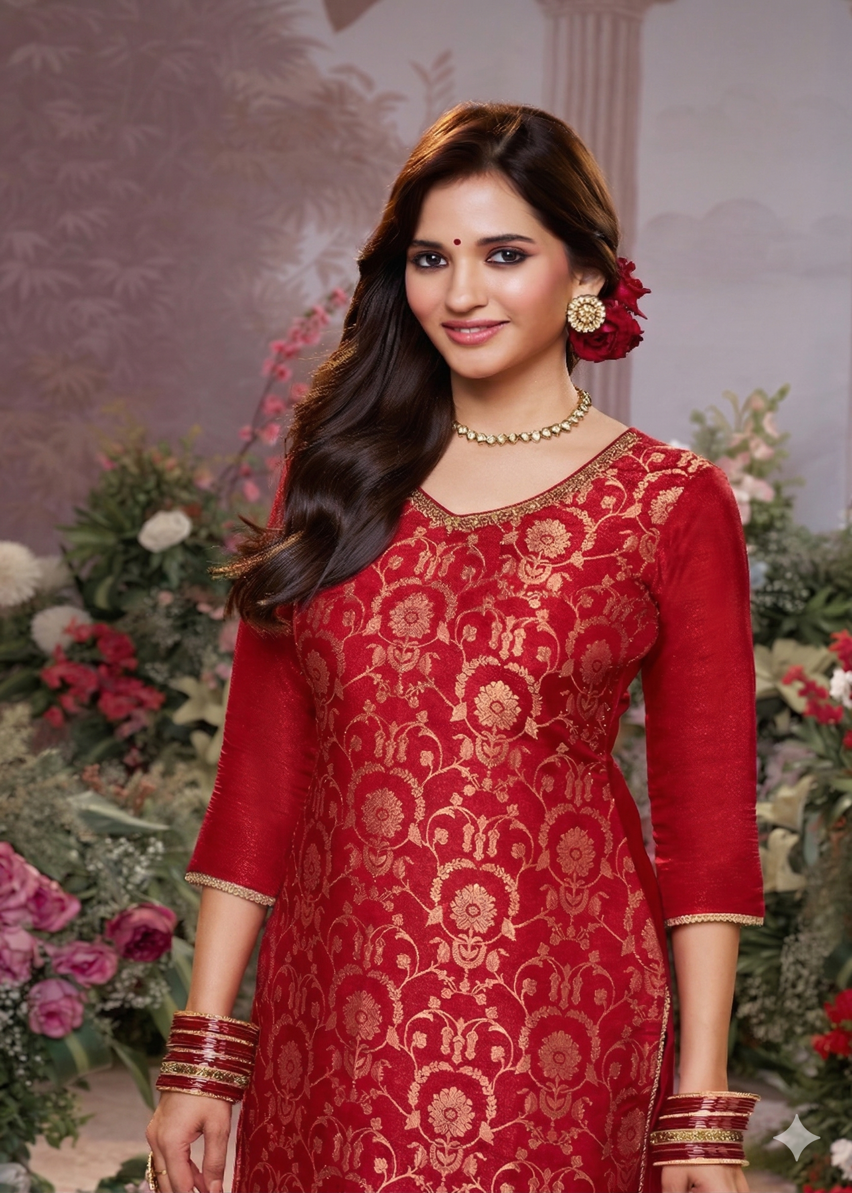 Hot Red Embellished Brocade Silk Pant Set