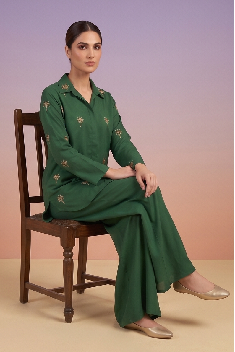 Emerald Green Embellished Crepe Silk Co-Ord Set