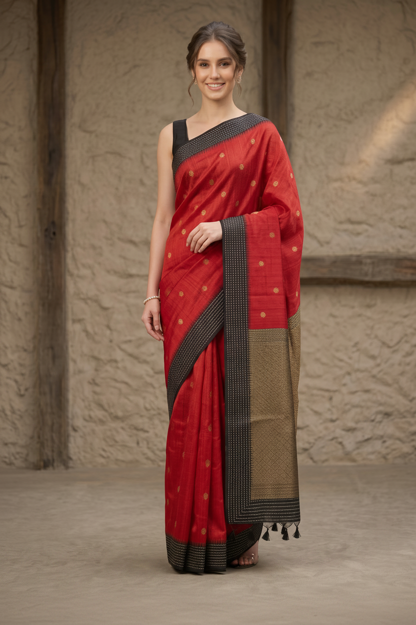 Ruby Noir Weave Handloom Tussar Silk Saree